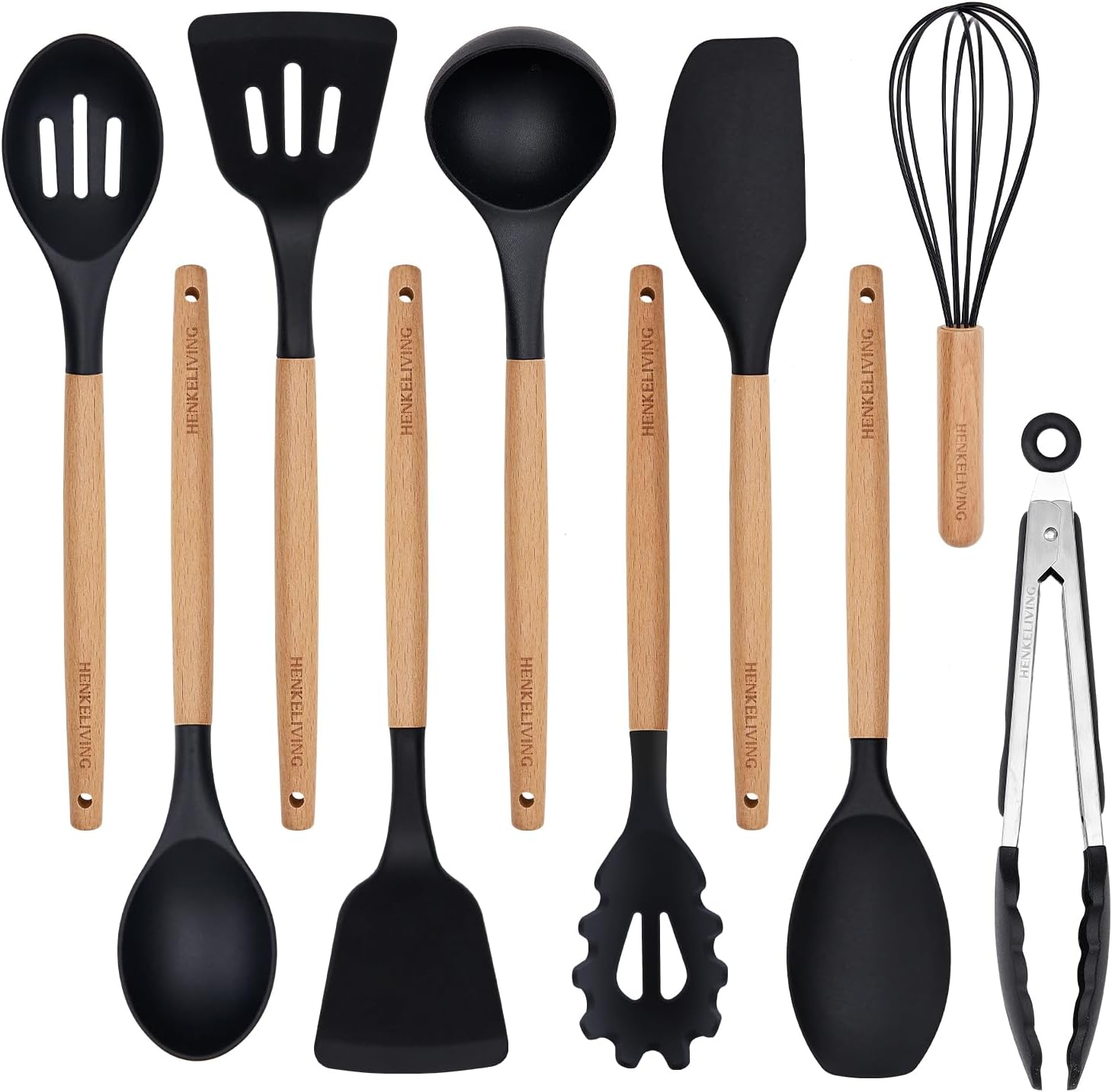 Silicone 10 Pcs Kitchen Cooking Utensils Set, Recycled Materials Certification, BPA Free Spatula Set with Heat Resistant Wood Handles for Nonstick Cookware, Black
