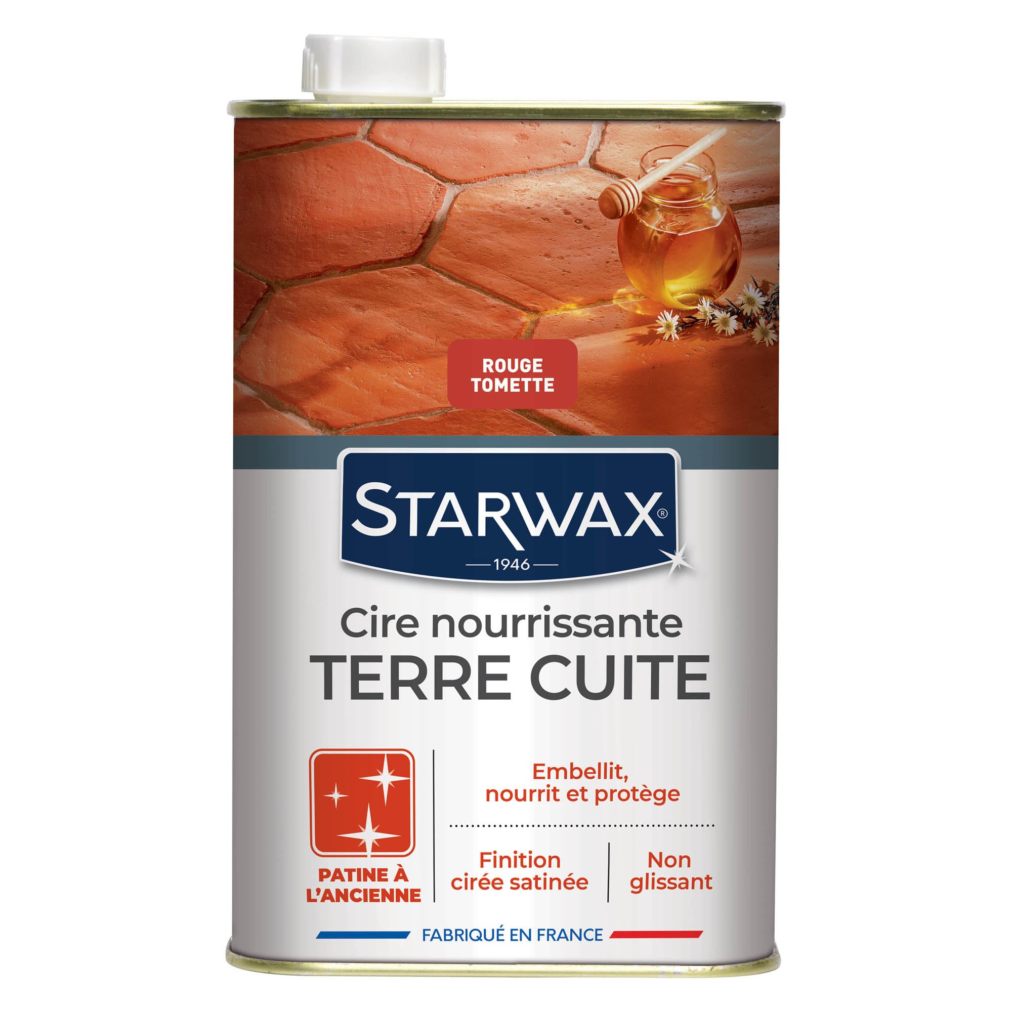STARWAX Cire nourrissante patine à l'ancienne pour tomettes et terres cuites 1L, rouge tomette, embellit nourrit et protège, effet ciré satiné, formule anti-tache, non glissant, 30m²/L