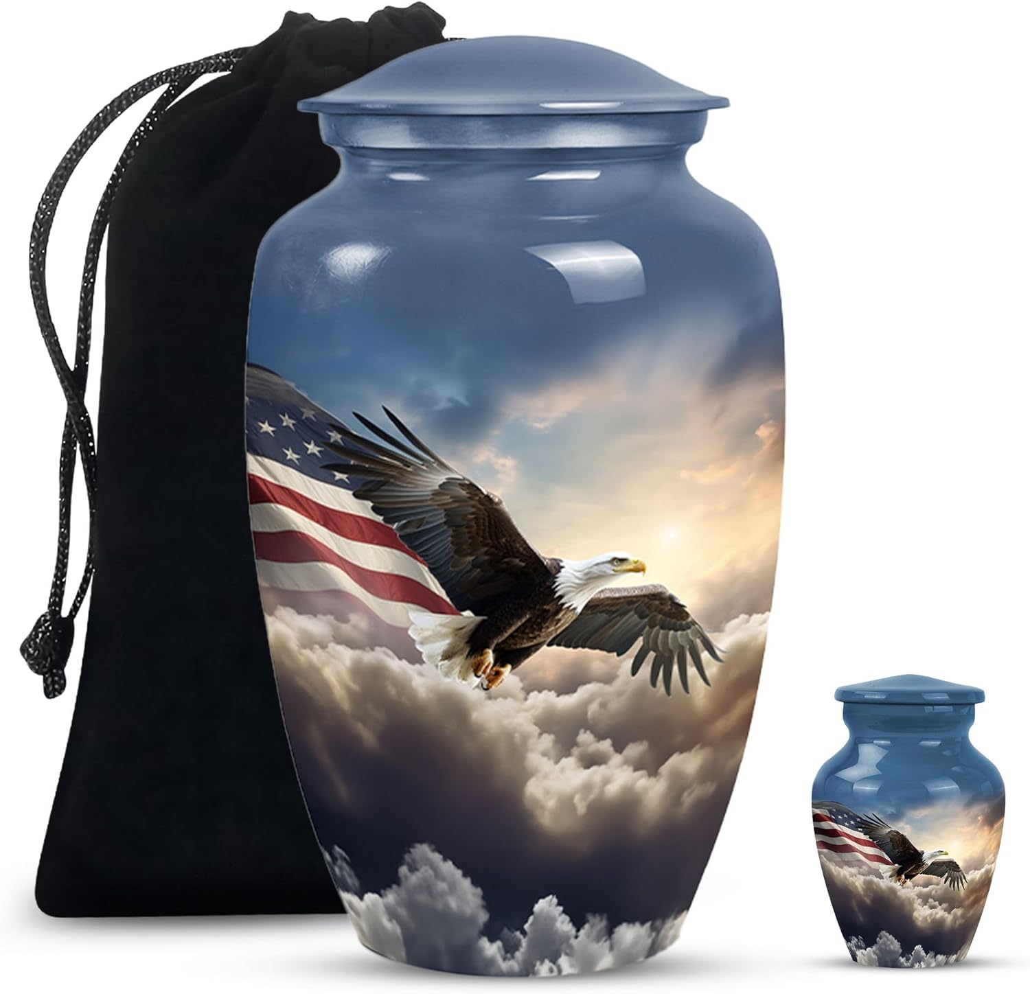 Eagle American Flag Flying Urn - Urn for Ashes Adult Male - Mini Urns for Human Ashes - Urn for Ashes for Women - Cremation Urns for Human Ashes - Blue Urns Combo 10inch & 3inch