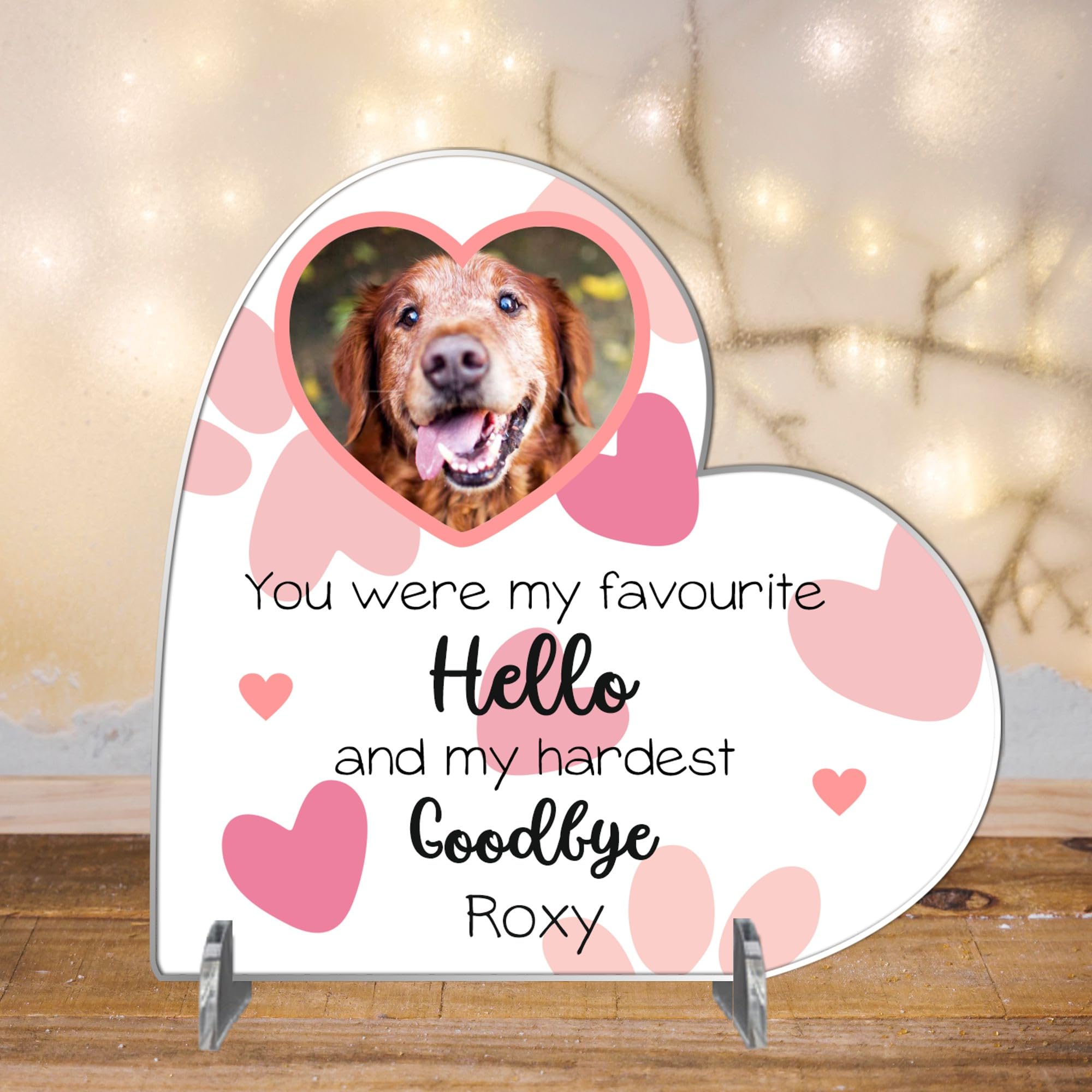 Personalised Pet Memorial Plaque – 'You Were My Favourite Hello' – Available in MDF or Acrylic, Sizes Small to Large – Indoor & Outdoor Use (Acrylic 18.5cm x 19cm, Pink)