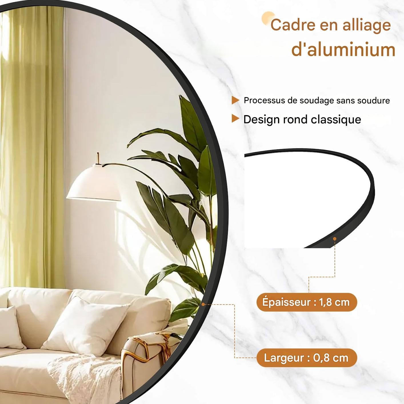 Koonmi 106cm Grand Miroir Rond Noir, Miroir Mural Rond avec Cadre en Alliage d'Aluminium pour Salle de Bain, Lavabo, Salon, Chambre, Entrée Décoration Murale