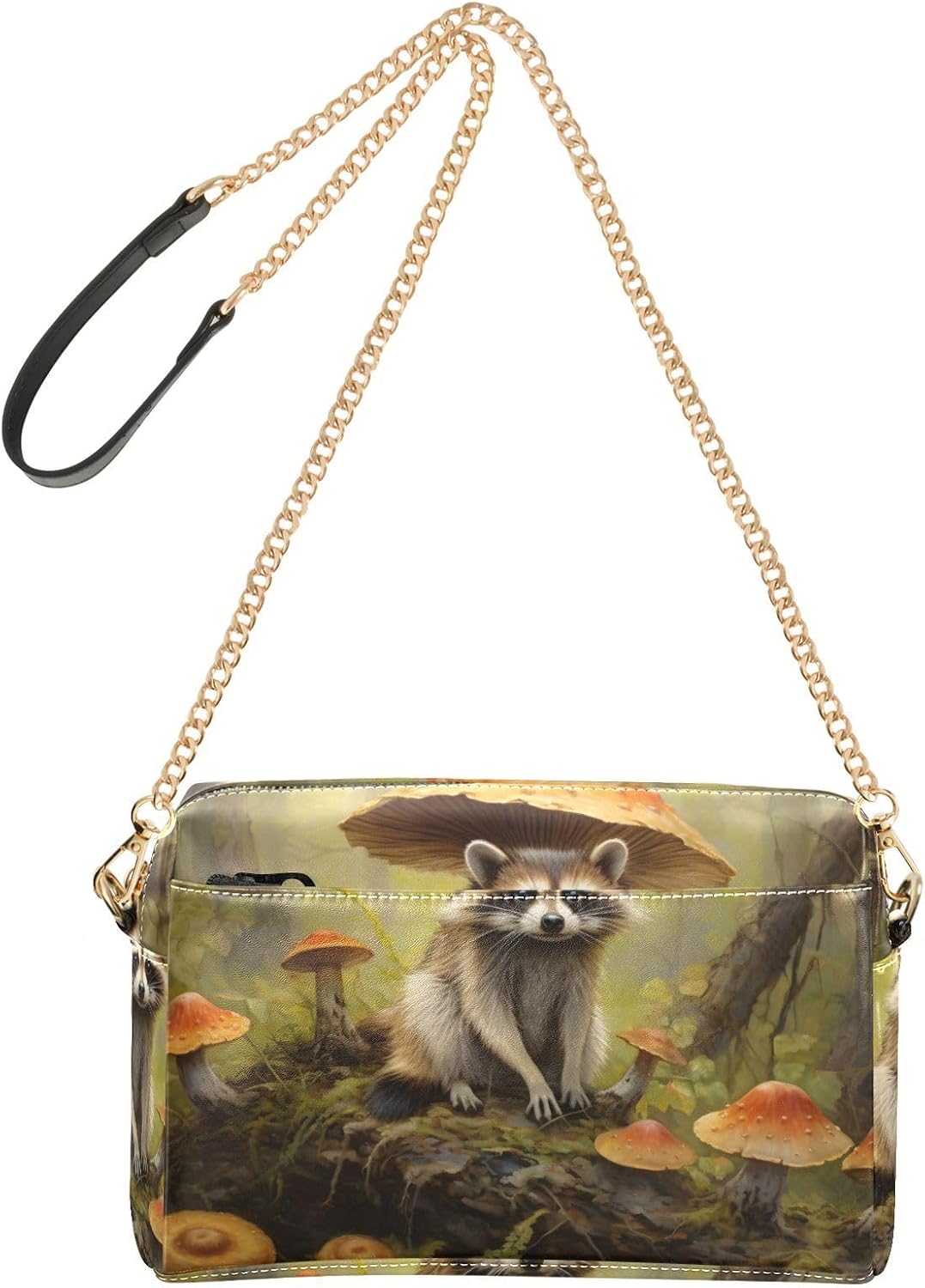 Mushroom Raccoon Women's PU Leather Crossbody Bag Shoulder Handbag Cellphone Purse with Metal Chain Strap Water Resistant Zipper Closure