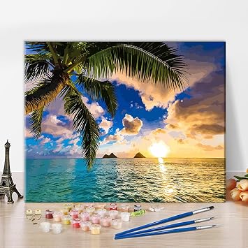 TISHIRON Paint by Numbers for Adults Kids Beach Adults DIY Paint by Number Blue Beach Landscape Paintings Arts Craft Paint by Numbers Kits Natural Scenery Nordic Home Wall Decor - 16 x 20 Inch