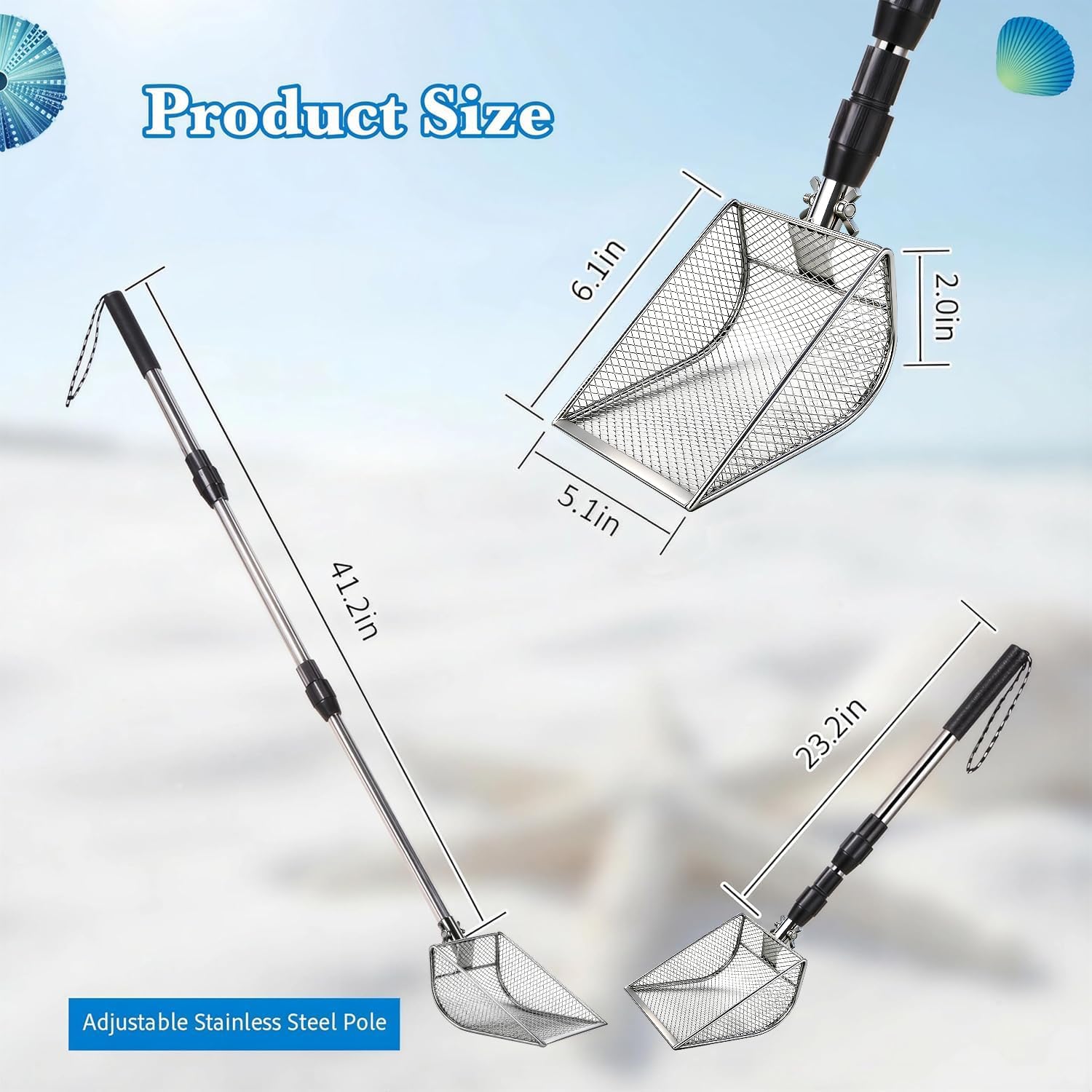Upgraded 2Pcs Shark Tooth Sifter,Beach Sand Shovel Set,Effortless Angled Design Sand Scoop Shell Scooper for Easy Digging,Reinforced Head,Telescoping Handle for Kids Adults (2pcs Sand Sifter)