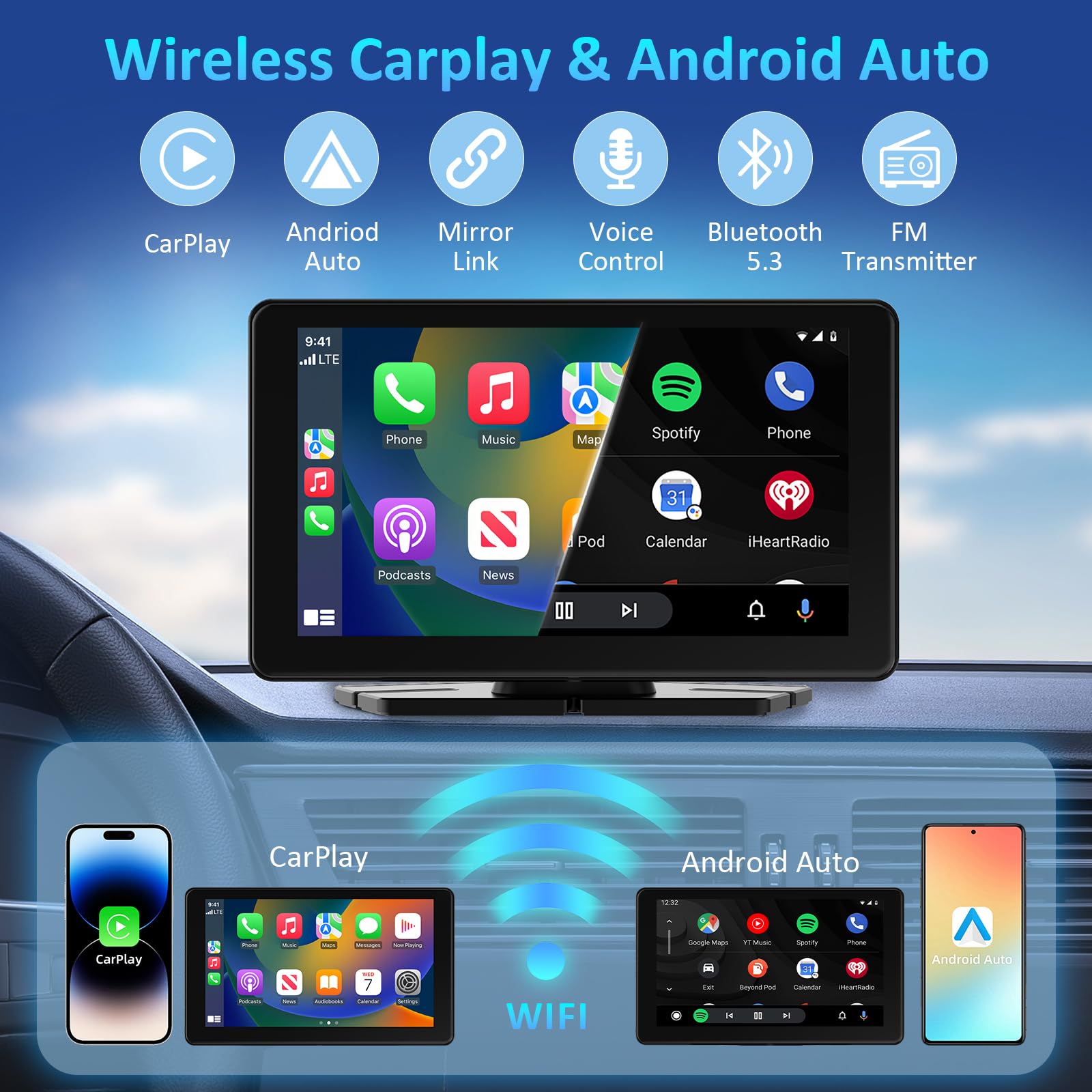 7-calowy ekran Apple Car Play, Bezprzewodowy ekran Samochodowy CarPlay Android Auto do Samochodów, Przenośny ekran dotykowy HD z Bluetooth 5.3/FM/AUX, Obsługa Mirror Link, AirPlay, Nawigacja GPS