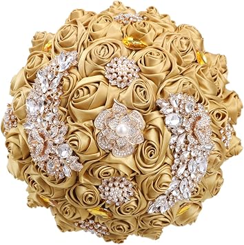 Handmade Luxury Satin Rose Flower Bridal Bouquet Floral Design with Layered Textures, Rhinestones Embellishments for Wedding Accessories Pale Gold
