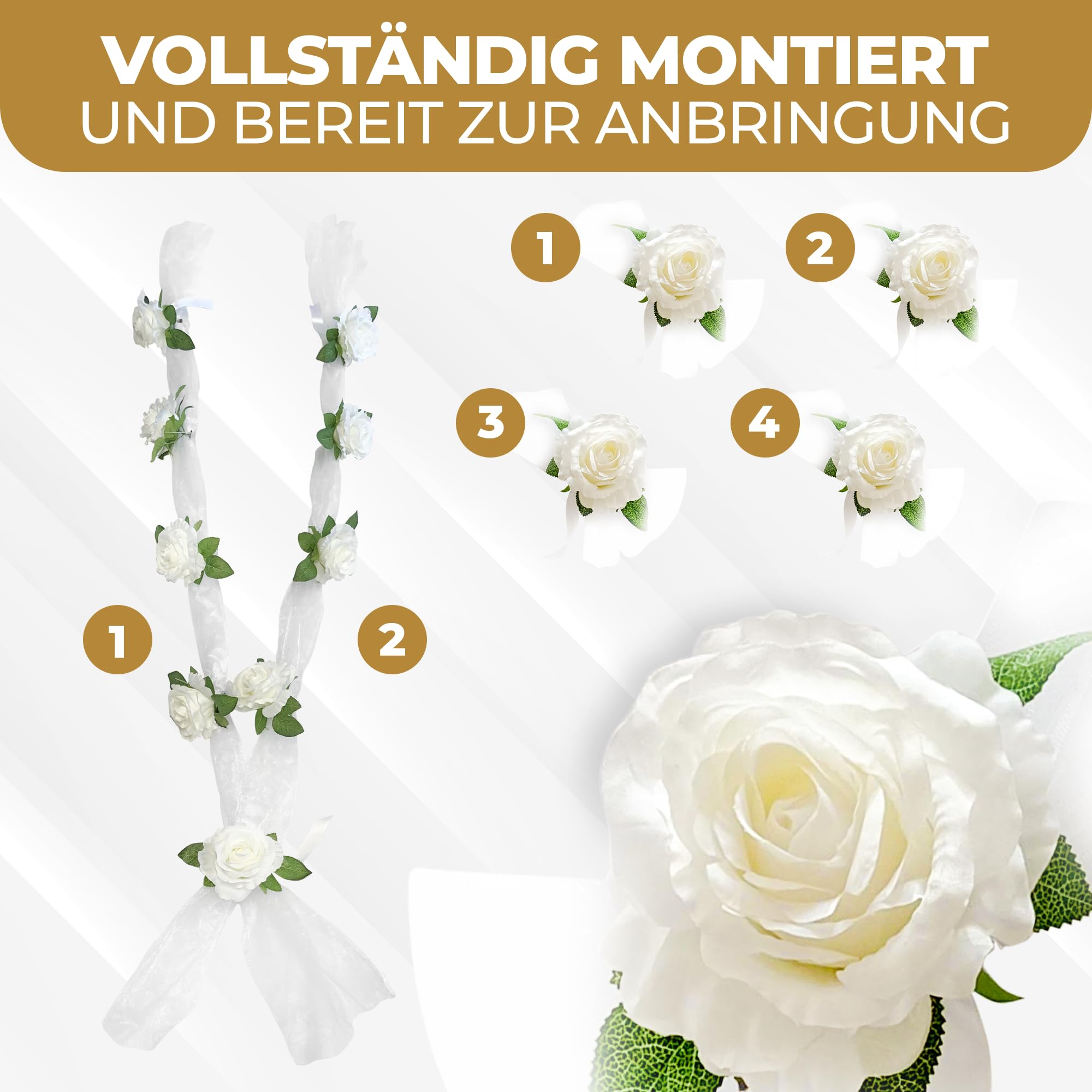 Autoschmuck Hochzeit Motorhaube – 2X 180cm Seidenblumen Girlande Weiß mit Saugnäpfen & 4 Türblüten – Brautauto Deko Set für Türgriffe