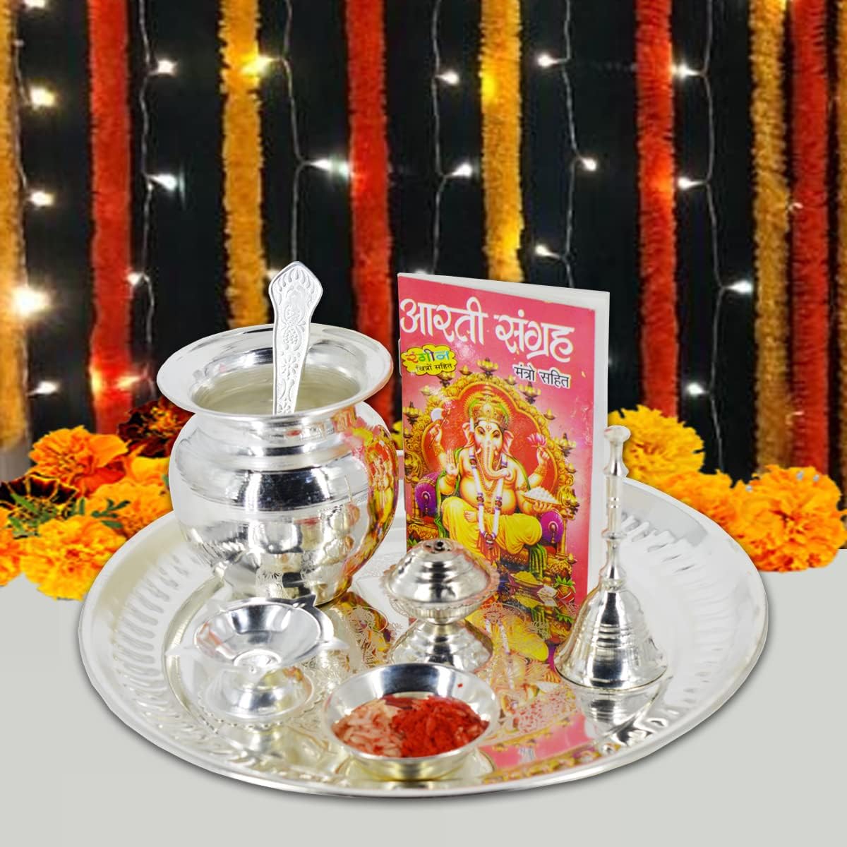 ME & YOU Beautiful Silver Color Plated Pooja Thali Set with Box - Puja Thali for Diwali, Dhanteras, Durga Pooja | Puja Thali for Gifting |