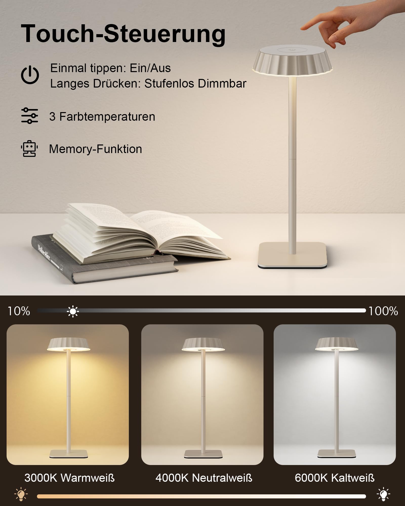 EppieBasic Lámpara de mesa inalámbrica con batería, 2 unidades: 18 W, carga rápida, lámpara de mesa con batería, 3 temperaturas de color, regulable, IP65, resistente al agua, para terraza y exterior