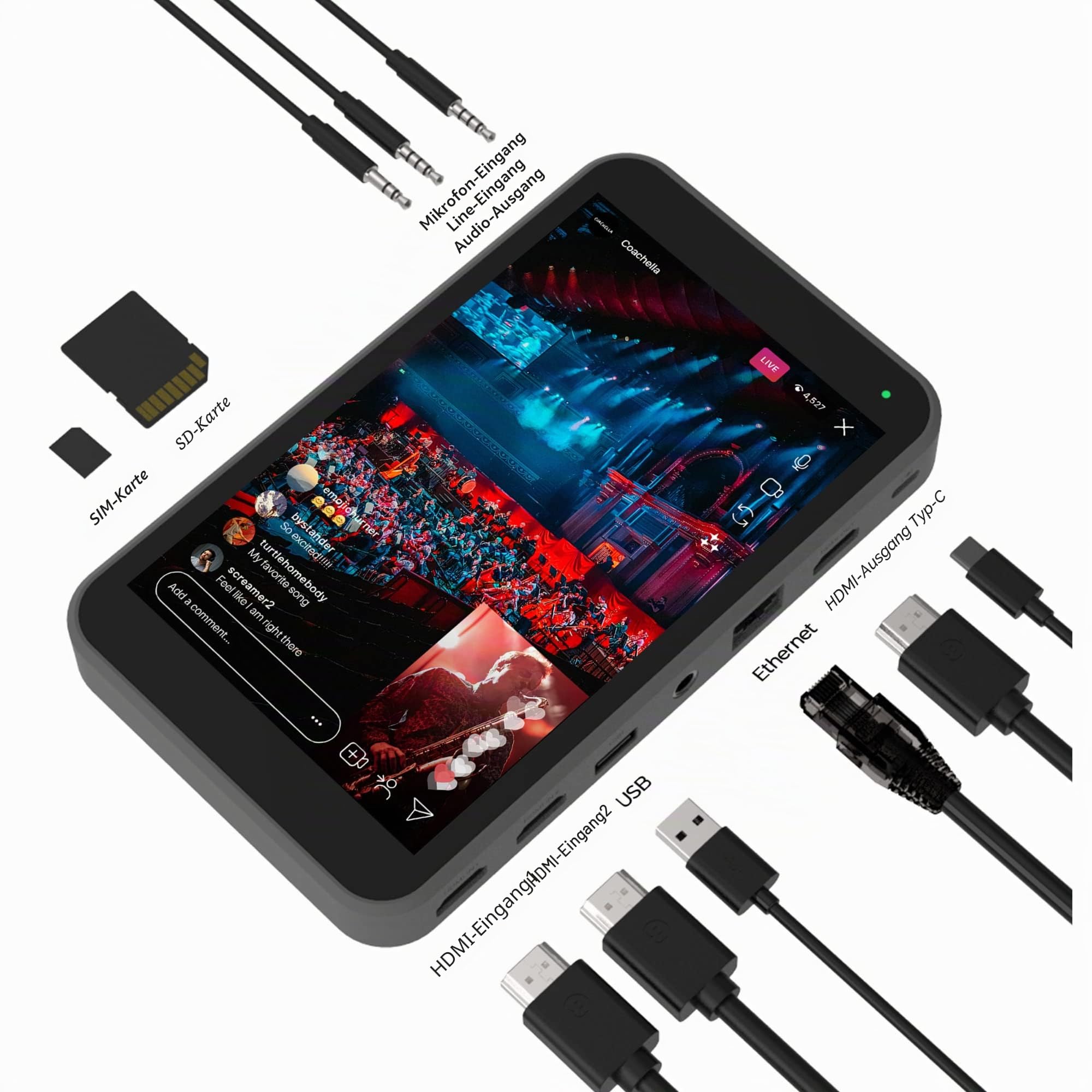 YOLOLIV Instream, 1080p/60 fps-Ausrüstung für vertikale Live-Videos | Encoder, Monitor, Recorder und Umschalter in einem, Streaming über Ethernet, WLAN, 4G LTE, 7"-Display, H.264, für Ins & TK