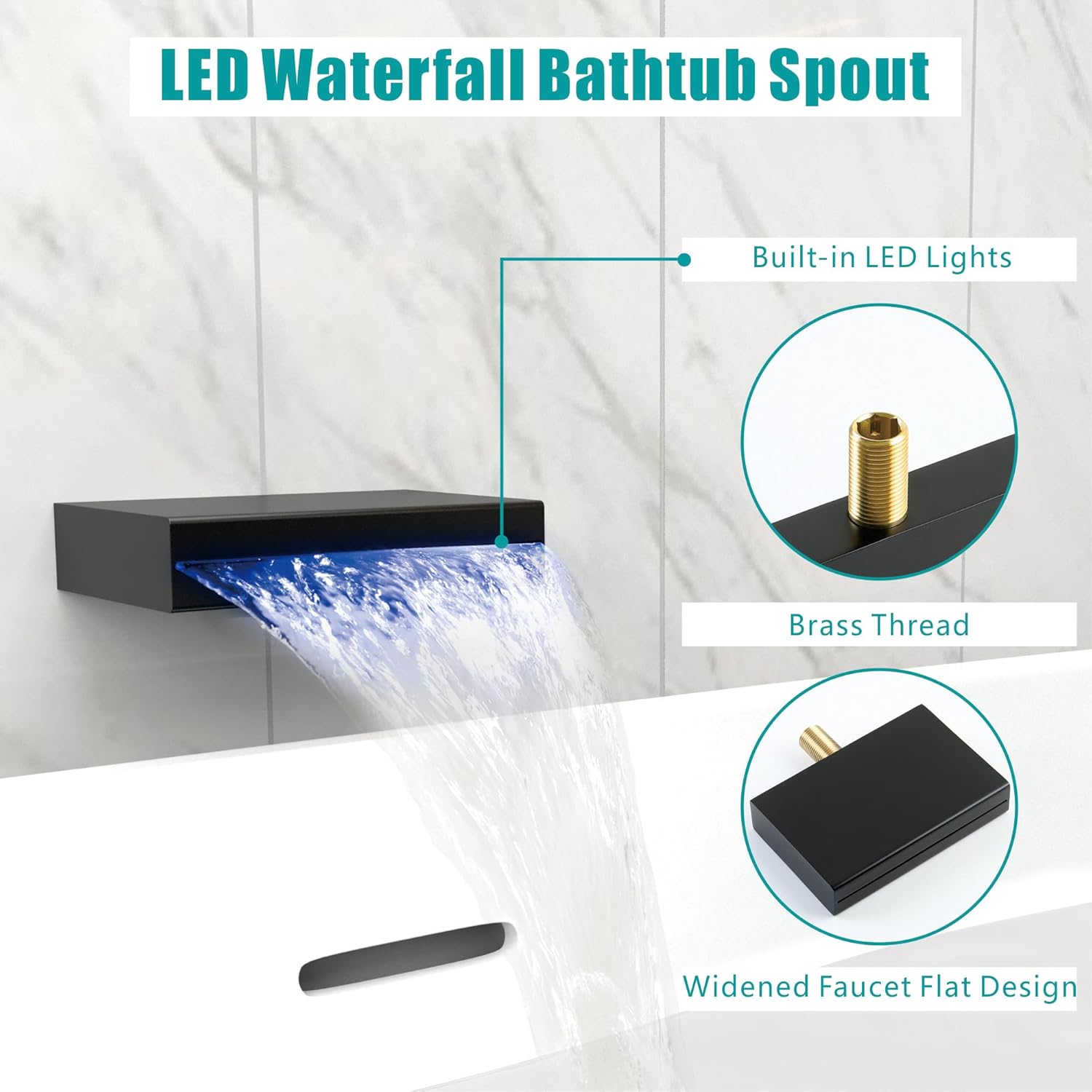 SKOWLL 3 Handle Tub Shower Faucet, Bathroom Shower Faucet Set with 10 Inch Shower Head Wall Mount Waterfall Spout with Light, LED Waterfall Bath Tub Trim Kit, Matte Black