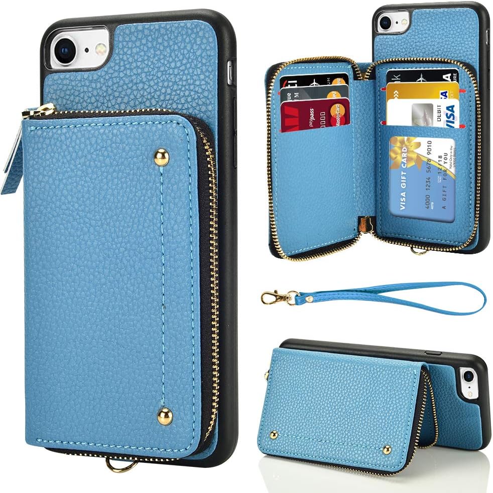 LAMEEKU Wallet Case for iPhone SE 2020, Zipper Leather Kickstand Case with Credit Card Holder Slot Wrist Strap, Anti-Scratch Shock Absorption Cover for iPhone SE(2nd)/7/8 4.7'' - Haze Blue