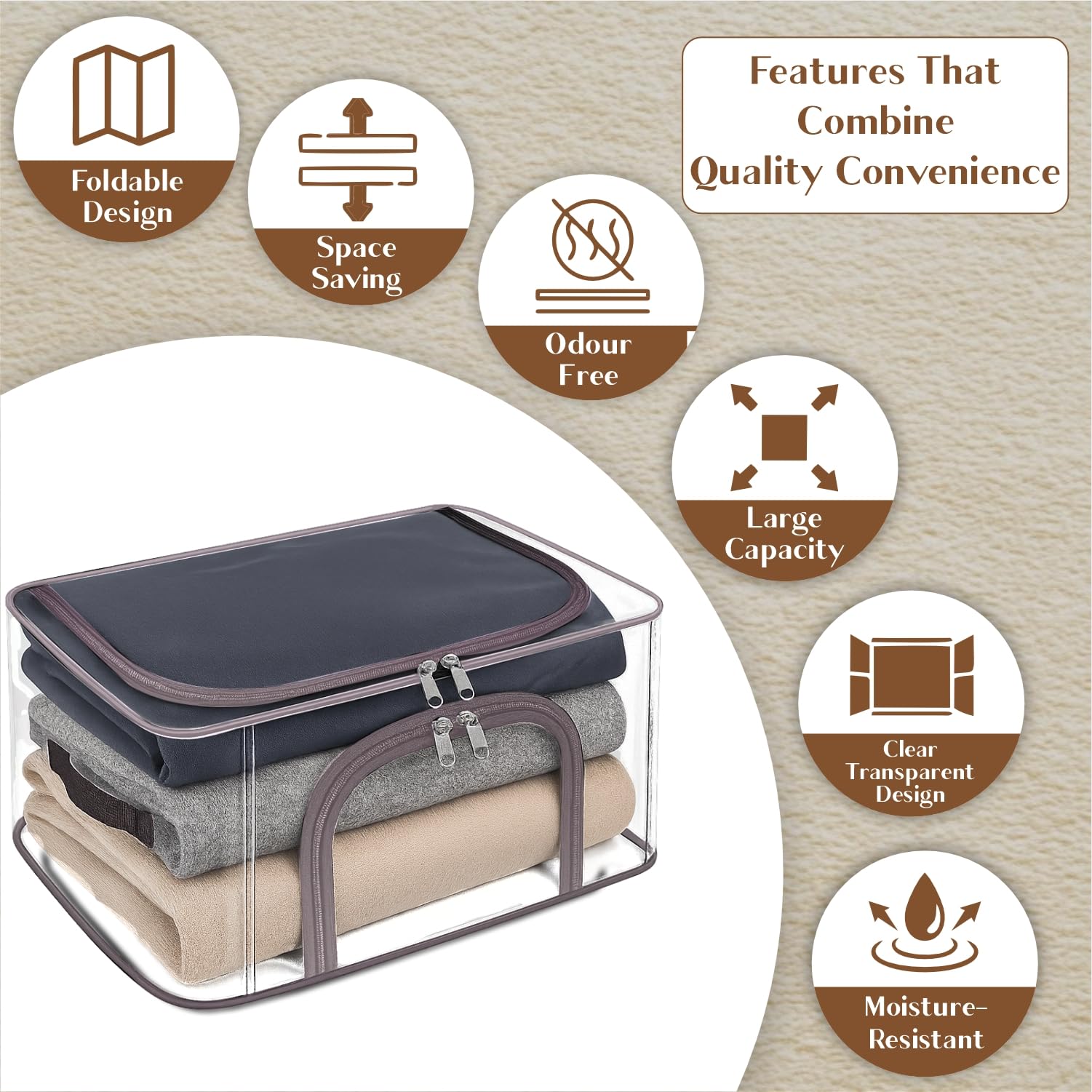 JD FRESH Polyvinyl Chloride 2 Pcs 34L Transparent Storage Bags With Handles/Foldable Storage Box For Clothes/Under Bed Box With Zippers/Wardrobe Organizer/Organiser For Blanket/Bedsheet,30cm,44cm 3