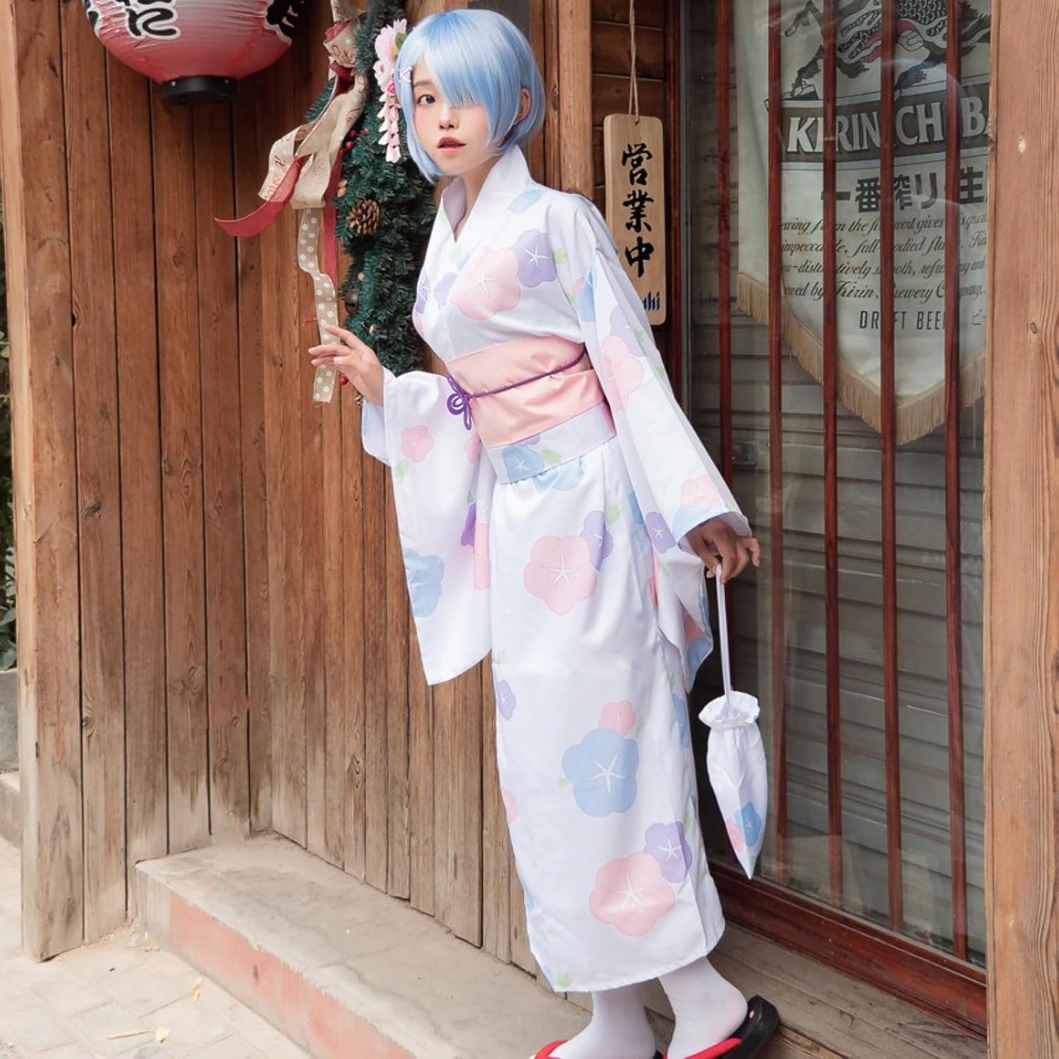Women's printed traditional kimono set (dress, belt, purple floral waist cord, headpiece, handbag)