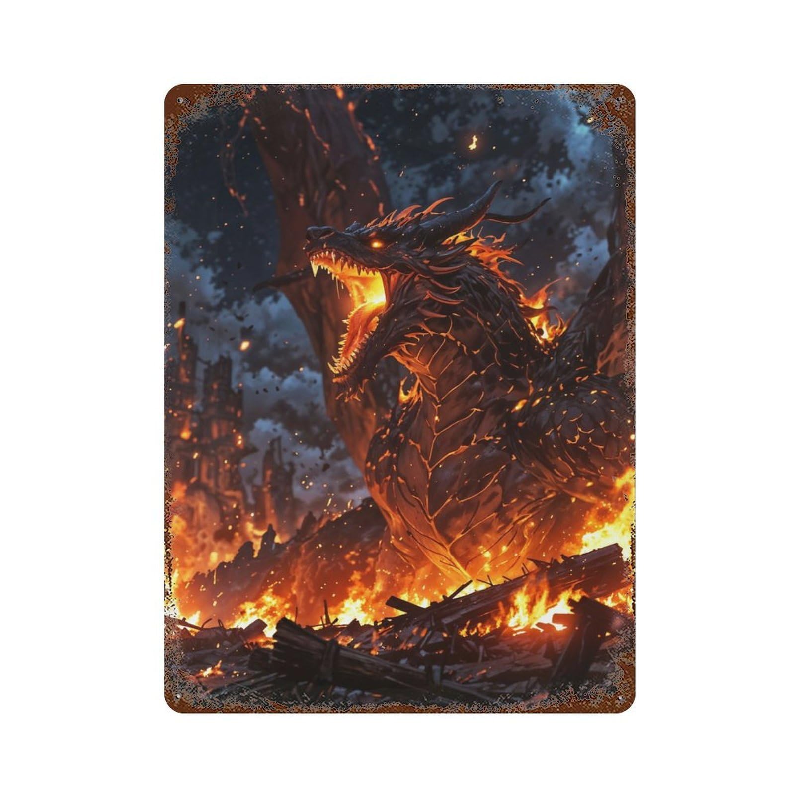 Rust Effect Dragon Fury Fire Rusty Metal Tin Sign 15.7"x11.8", Old School Wall Decor for Pub, Kitchen And Man Cave Decor