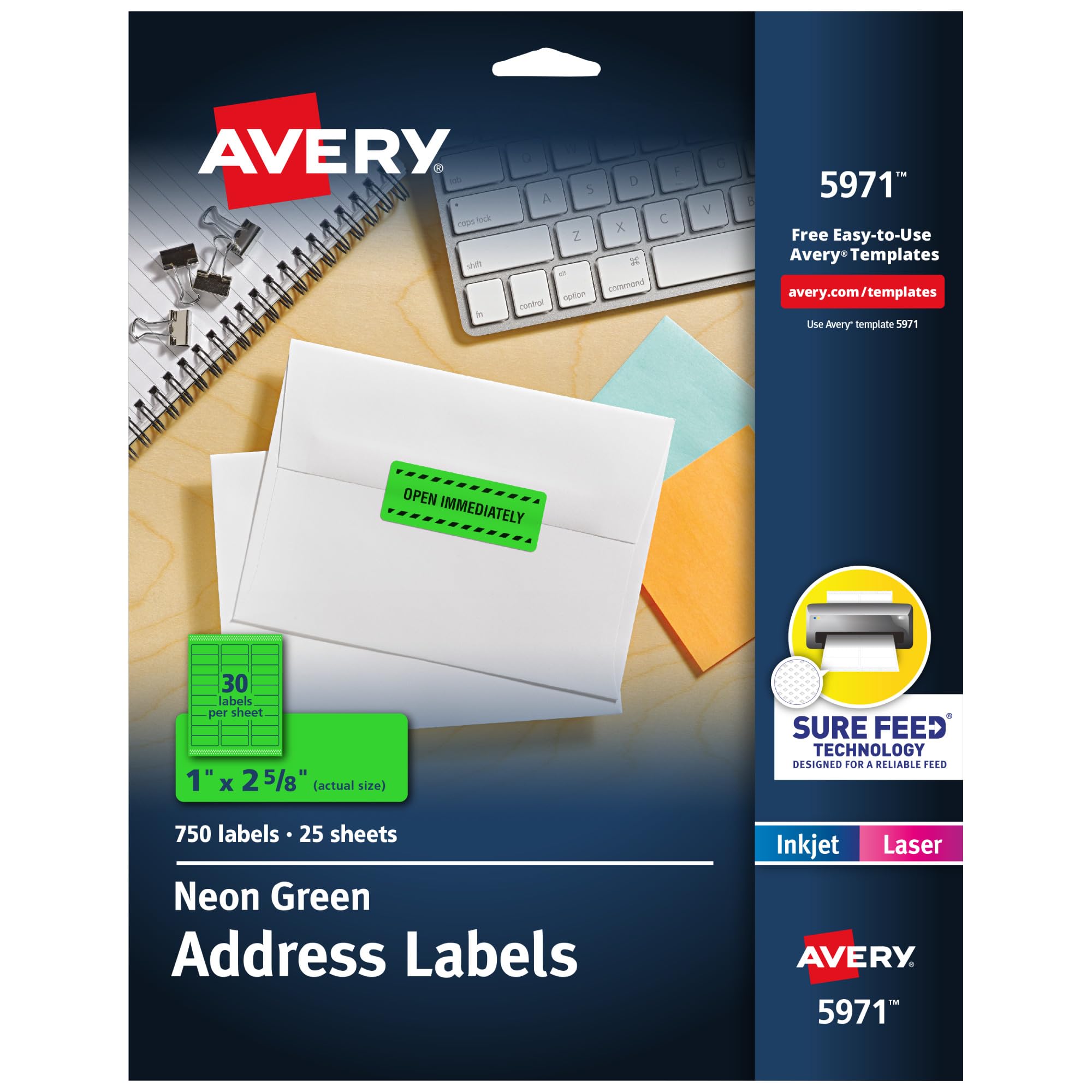 Avery Etiquetas de dirección neón con alimentación segura para impresoras láser, 1 x 2 5/8 pulgadas, 3,750 calcomanías verdes (5971)