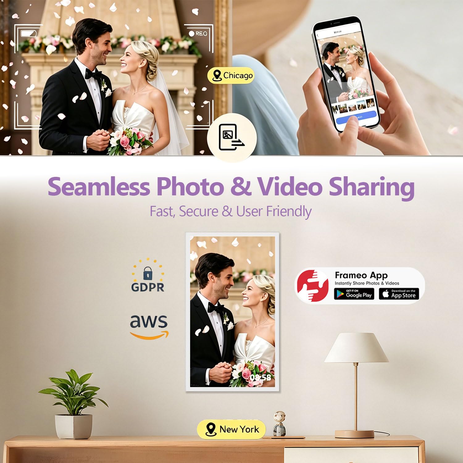 Cadre Photo Numérique Connecté WiFi 21.5 Pouces FHD IPS Écran- Cadre Numerique Photo Grand Format, 32Go Mémoire, Partagez des Photos/Vidéos via Frameo App, Rotation Automatique, Digital Frame