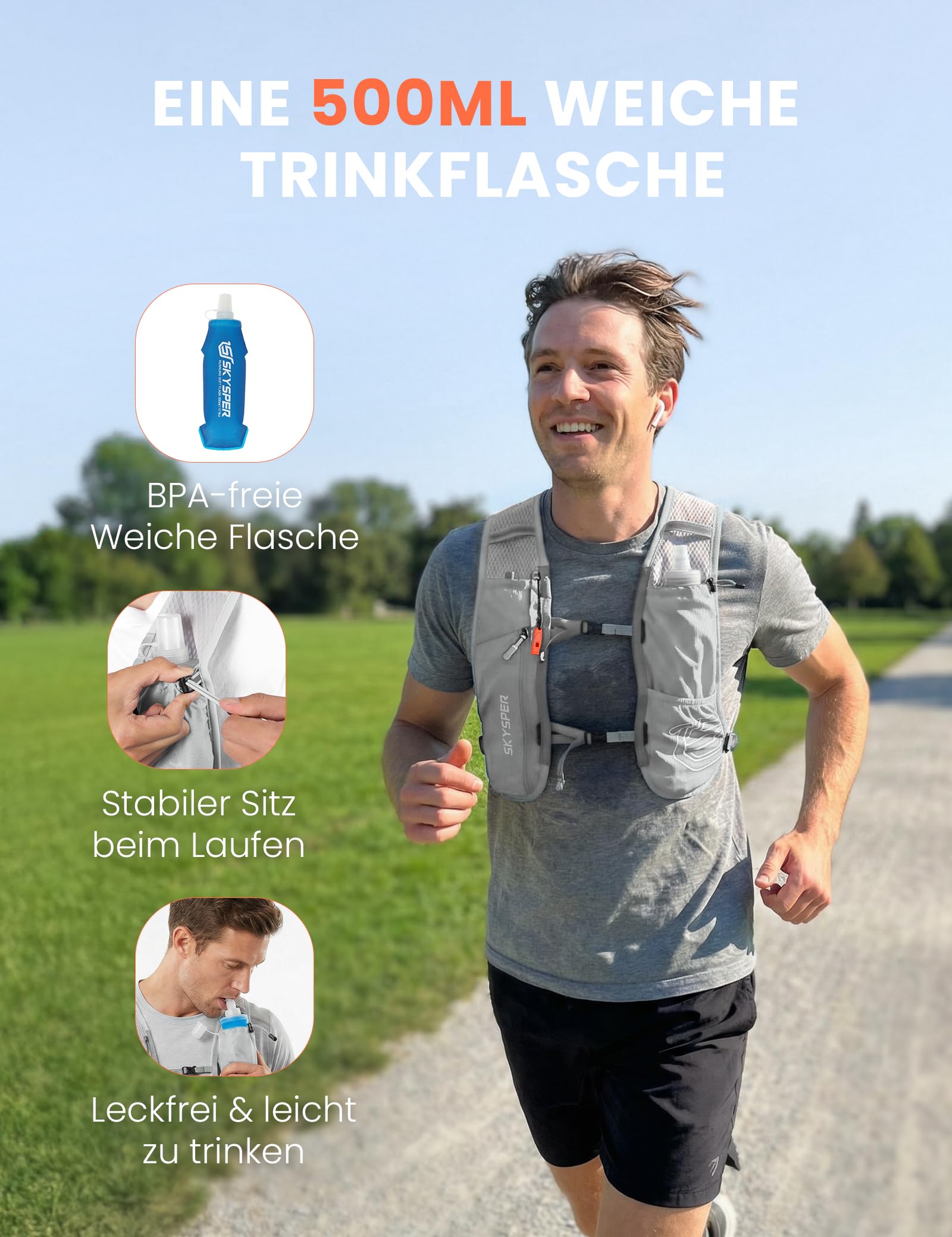 SKYSPER Laufweste für Damen Herren 12L Laufrucksack mit 500ml Trinkflasche Reflektierende Trinkweste Laufen Atmungsaktives Running Vest mit Handyfach für Trailrunning Marathon Joggen