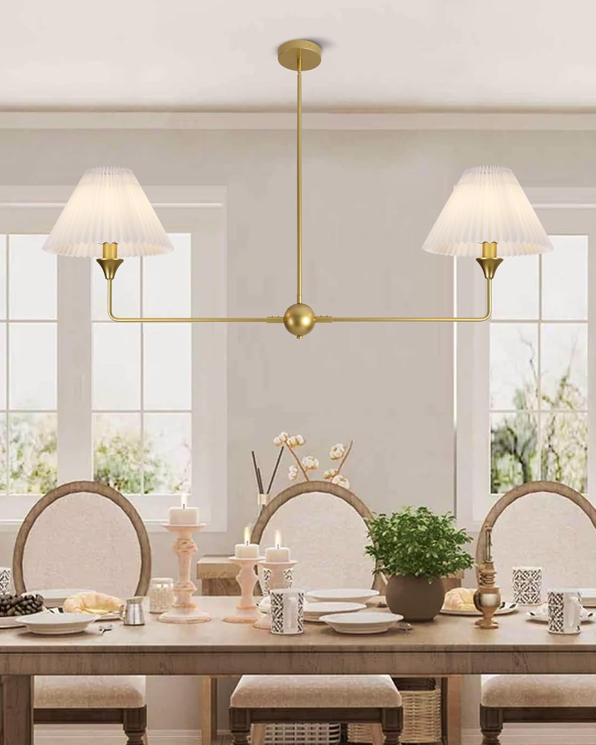 Modern Linear Chandelier for Dining Room 48” Farmhouse Linear Pendant Light Fixture with White Fabric Shade for Kitchen Island Living Room Gold