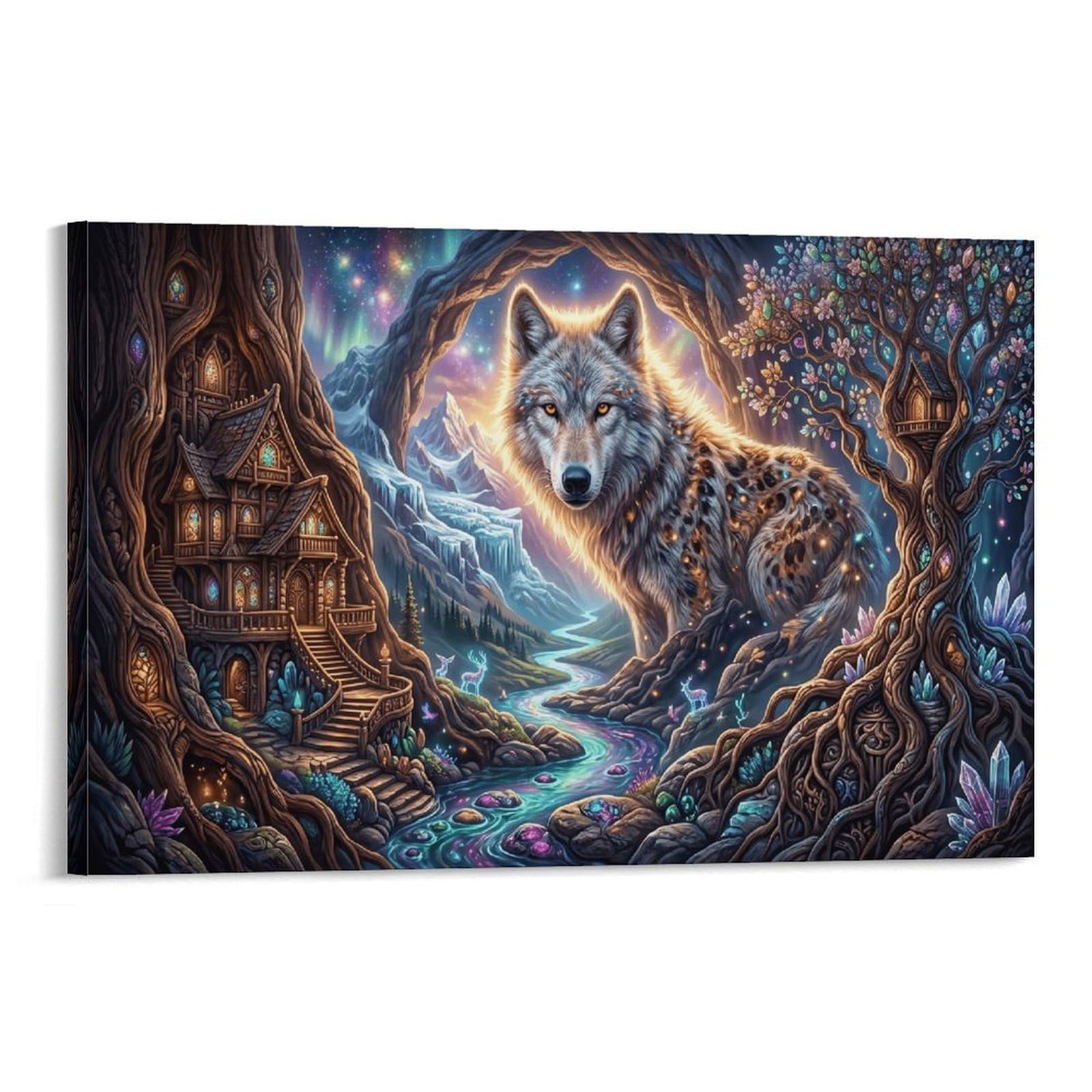 XPASHIQWC Wolf Wall Decor Poster Tree‑Hollow Cabin Canvas Prints Picture Modern Canvas Wall Art Picture Wall Hanging for Bedroom Living Room Decor 20x30inch(50x75cm)