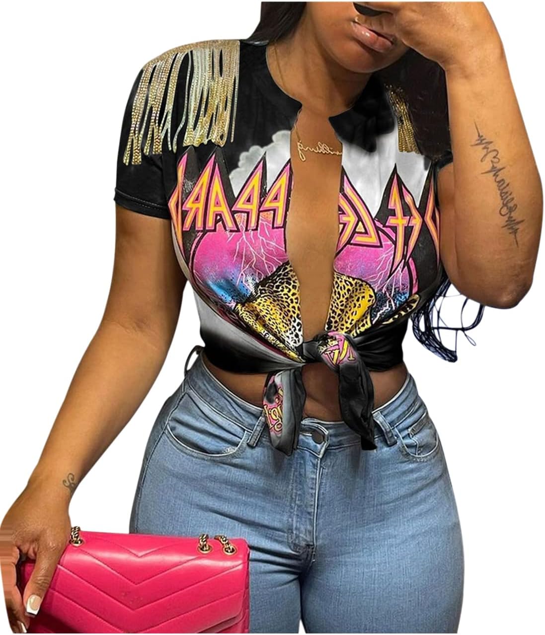 Bornpom Women Sexy Graphic Tees Low Cut V Neck Tops Fringe Short Sleeve Shirts Knot Front Tops