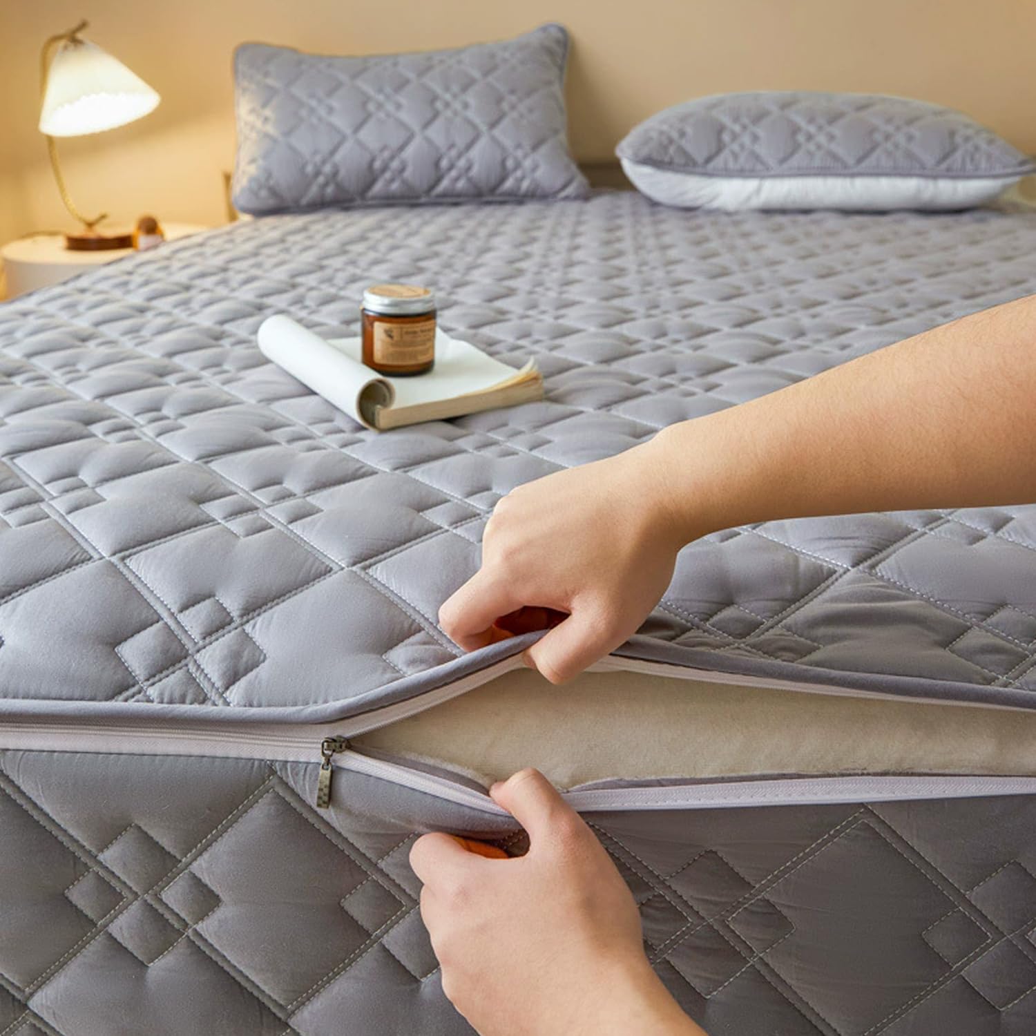 Protector de colchón 100 % algodón de alta calidad, color gris, 180 x 200 + 25 cm, funda ajustable de 6 lados, resistente al polvo, impermeable, ideal para camas dobles/individuales, perfecto para uso