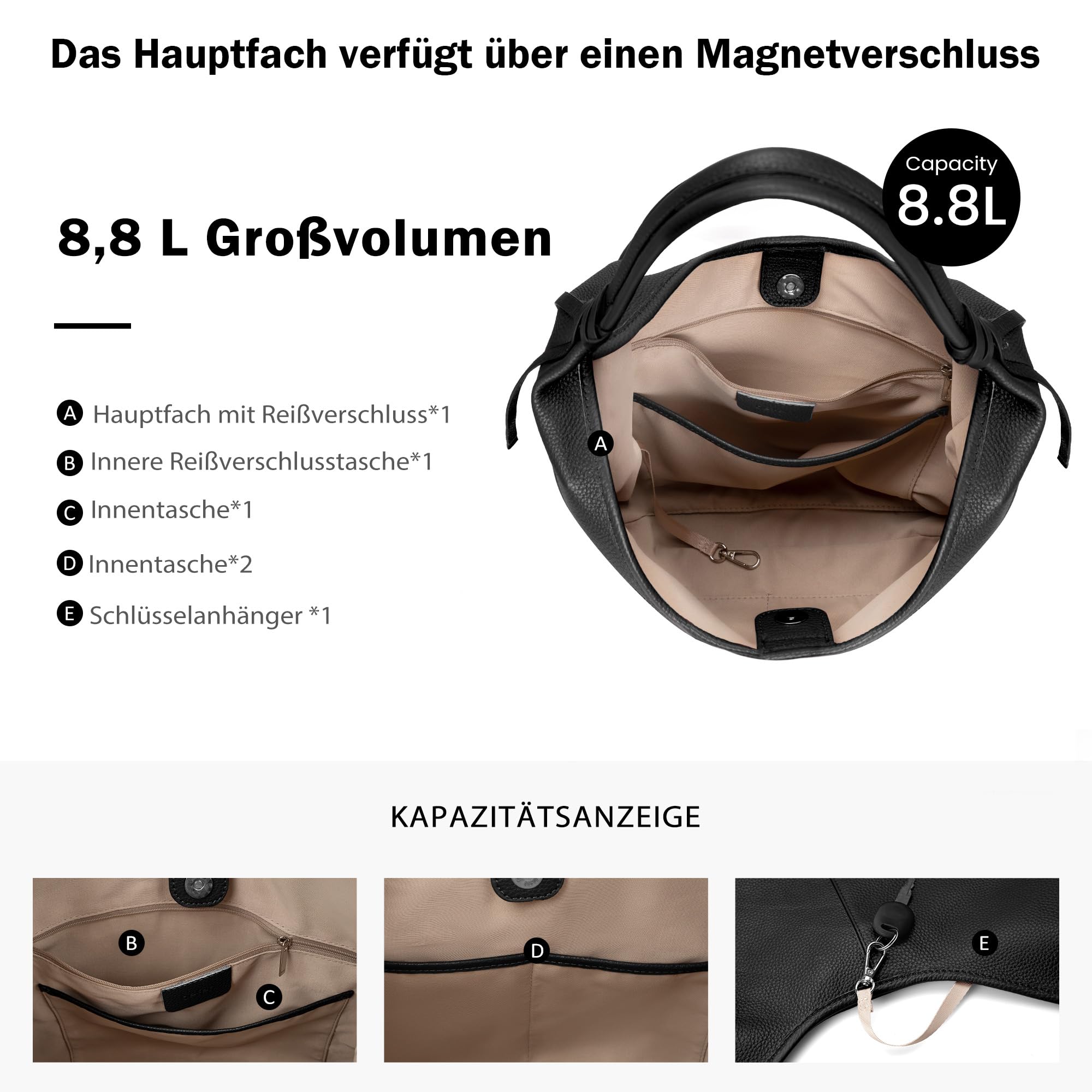 befen Echtleder Handtasche Damen Groß Shopper Tasche, Leder Schultertasche Slouchy Tote Bag Hobo Tasche Umhängetasche für Arbeit Schule - Einfache Klassische Elegante