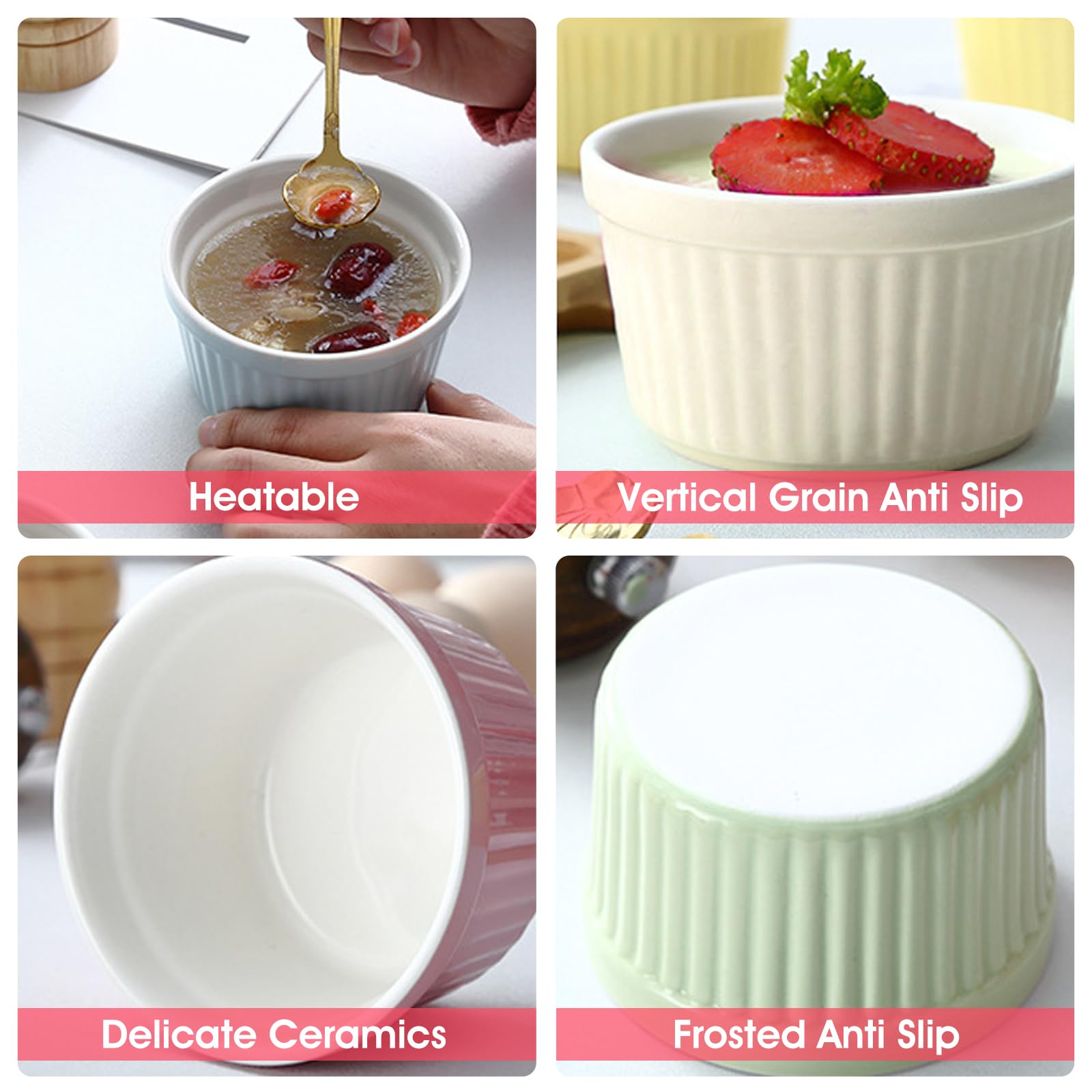 Juego de 4 moldes de cerámica for ramequines con bandeja de 4 oz for horno, cuencos pequeños for hornear, moldes apilables for crema brûlée y natillas