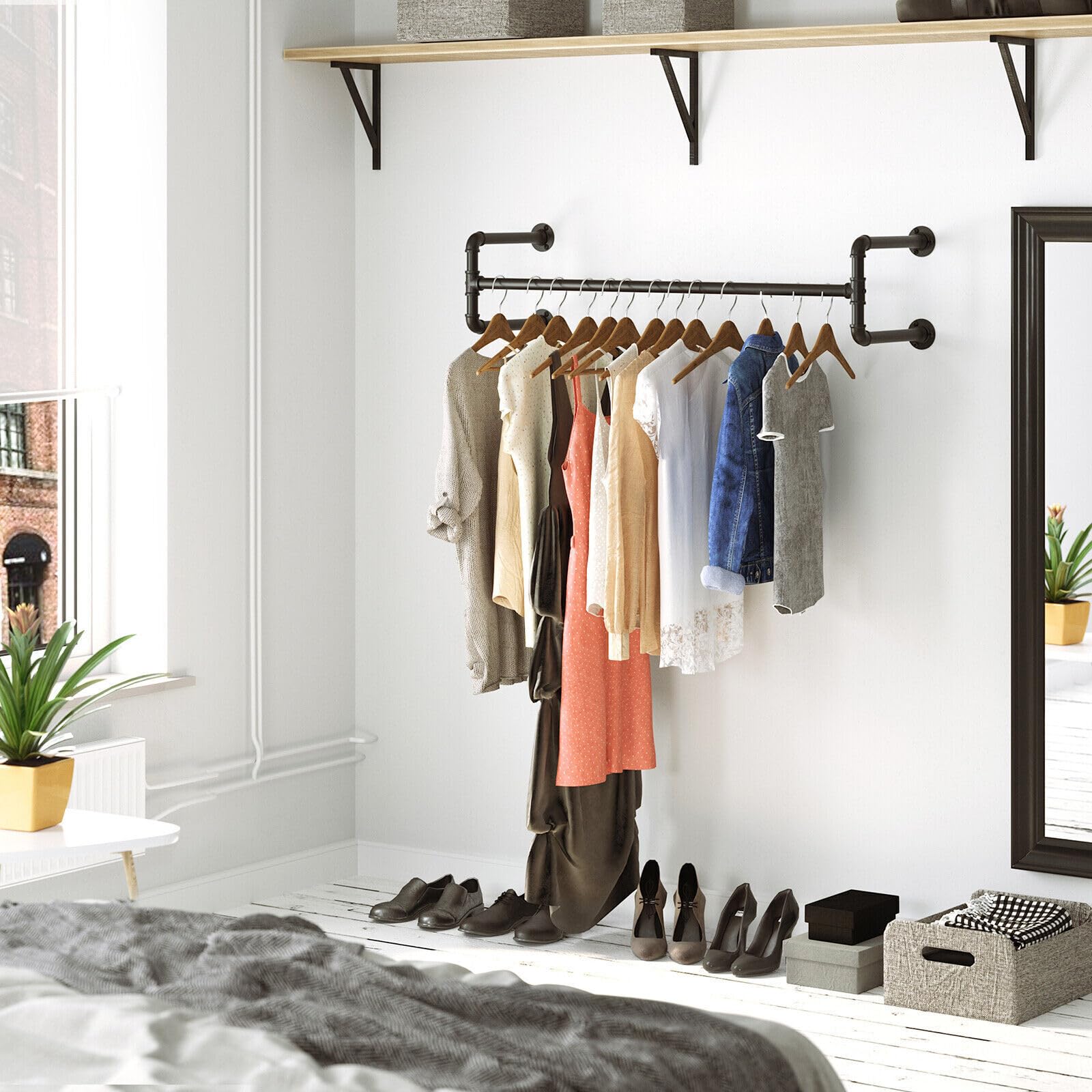 Barra Colgadores de Ropa de Pared Industrial de 115 cm, Montaje en Pared, Industrial, para Dormitorio, Salón, Color Negro
