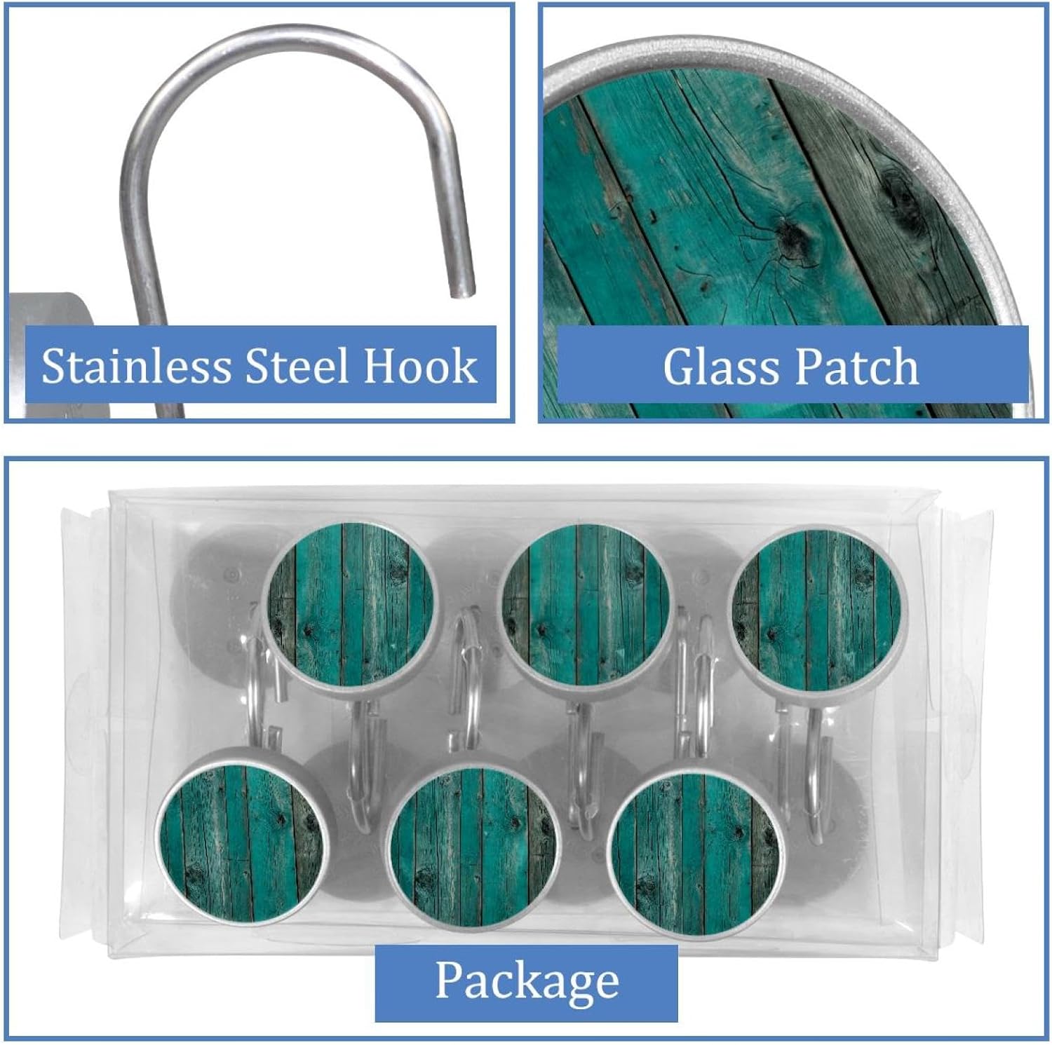 Set of 12 Rustic Distressed Teal Green Barn Wood P (1) Shower Curtain Hooks, Stainless Steel Rust-Resistant Decorative Hanger Rings