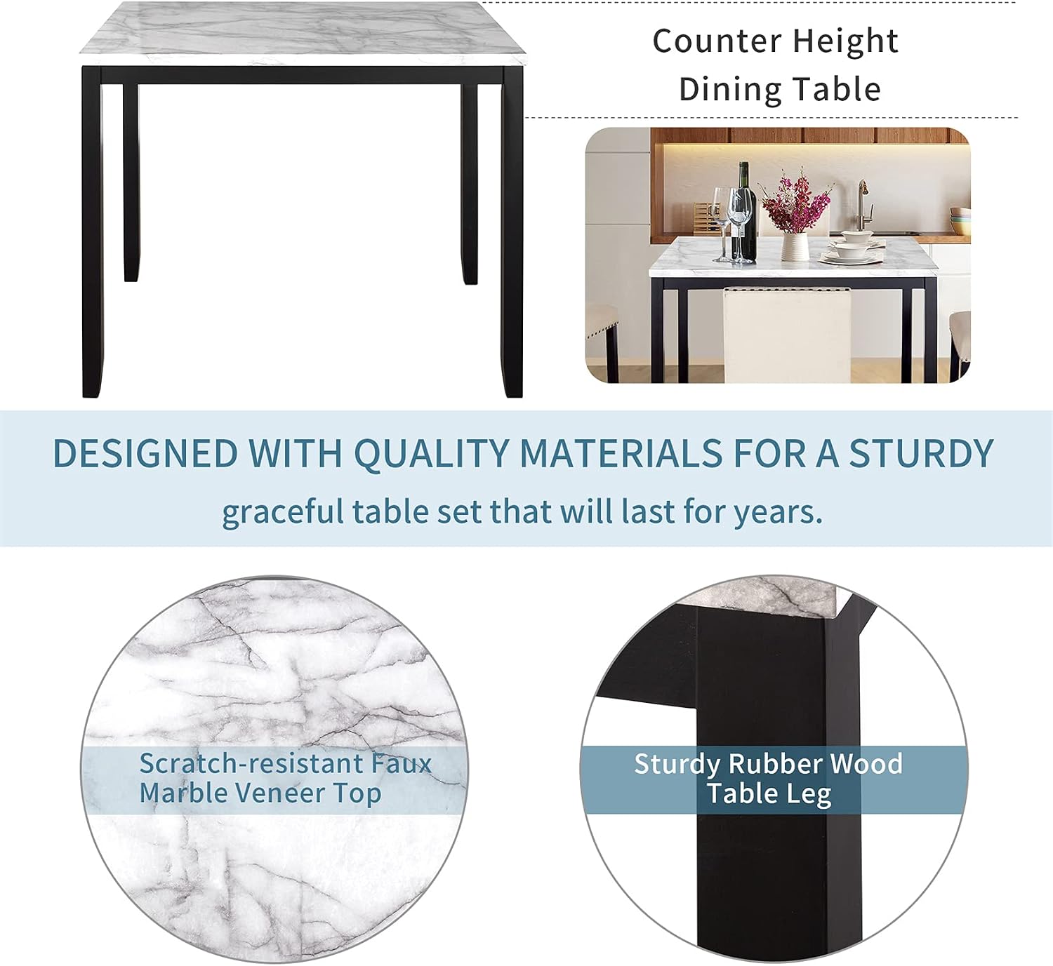 5 Piece Dining Table Set, Faux Marble Counter Height Dining Dinette Table and 4 Upholstered Chairs, Compact Modern Table Set for Kitchen, Dining Room, Dinette， Restaurants Bistro or Pubs, Beige