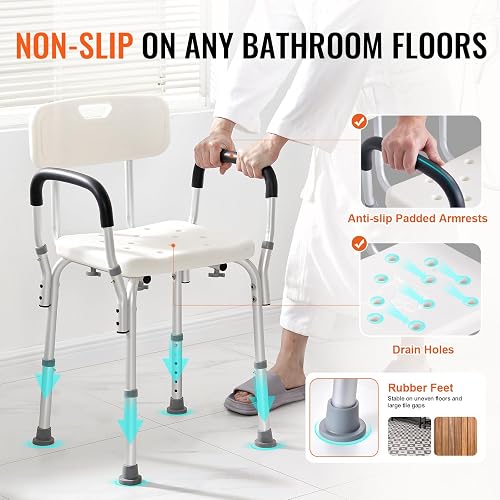 VEVOR Siège de Douche Antidérapant Hauteur Réglable 39-52 cm Chaise de Douche 158,8 kg Fauteuil de Bain avec Accoudoirs Dossier Aide à la Douche pour Personnes Âgées Femmes Enceintes Salle de Bain - 3