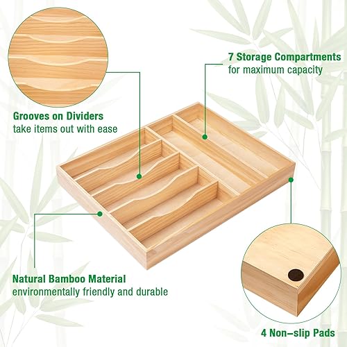 Miniatura 4 de Organizador de cubiertos, organizador de cajones de cocina, 12 x 16 pulgadas, soporte para utensilios de madera de pino y bandeja de cubiertos con