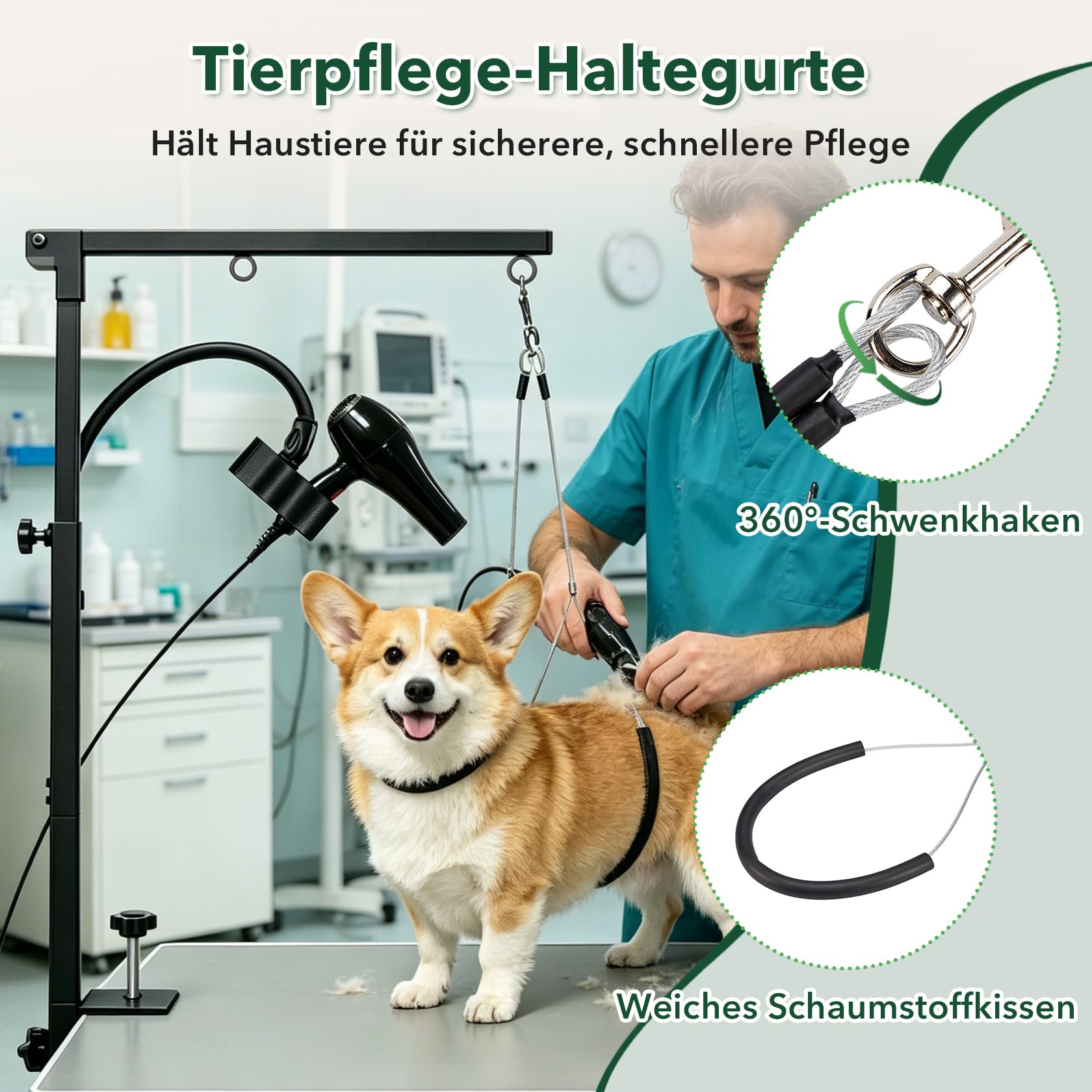 Pindex Verstellbarer Hundepflegearm mit Klemme, 74–104 cm, Hundepflegetisch-Arm inkl. Föhnhalter und Schlaufe für kleine und mittelgroße Hunde