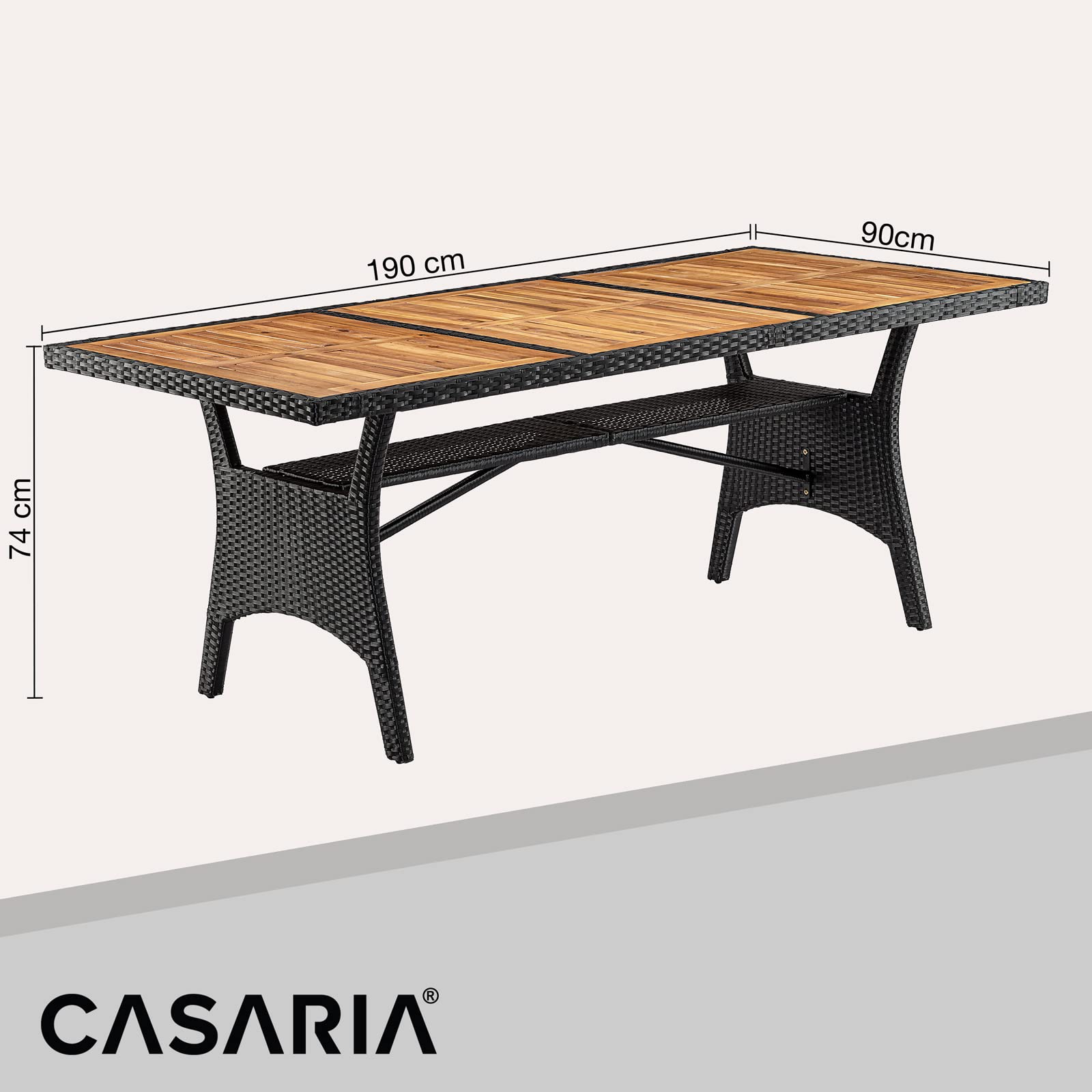 Casaria Tavolo da Giardino in Polyrattan Ripiano in Legno di Acacia 190x90x74cm Regolabile in Altezza per Esterno Pranzo Terrazza