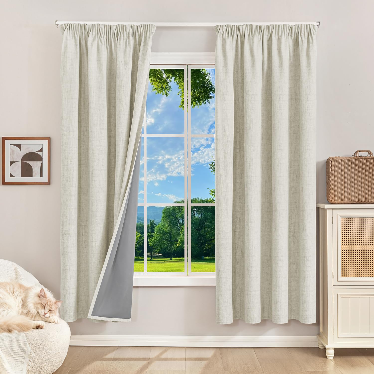 Rideau occultant lin beige clair 140x175 cm à galon fronceur