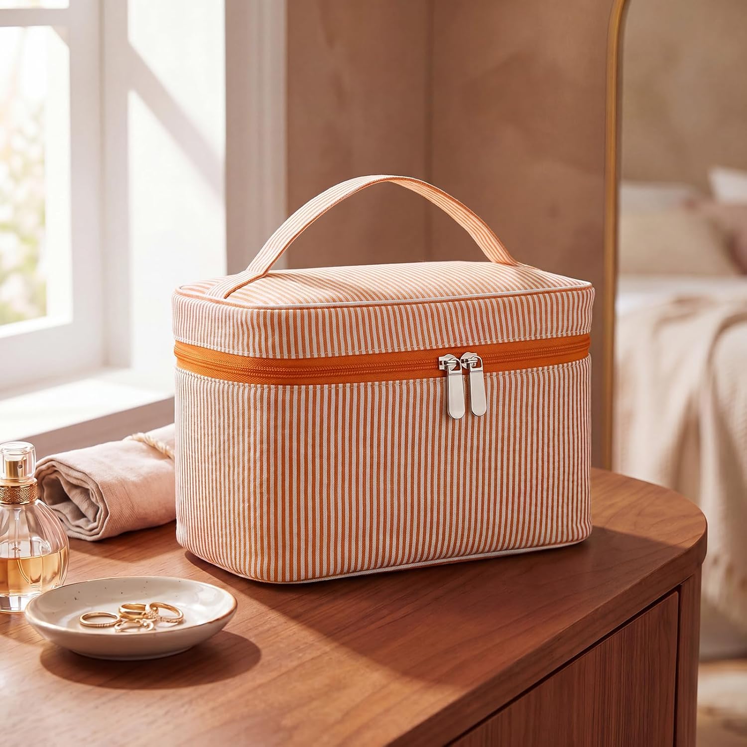 Huhumy Large Makeup Bag Women Seersucker Toiletry Bag, Orange, Stripe image 2