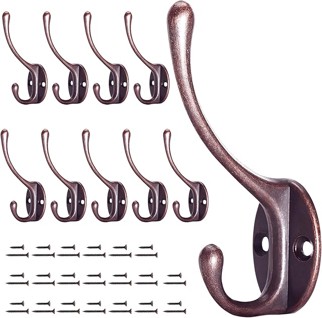 Gorffy Coat Hook, 10 Pcs Copper Coat Hooks with Screws, Vintage Metal Coat Hooks for Wall & Door, Heavy Duty Coat Hooks Wall Mounted for Hanging Coat, Hat, Scarf, Robe & Bag (Copper, 10 Pcs)