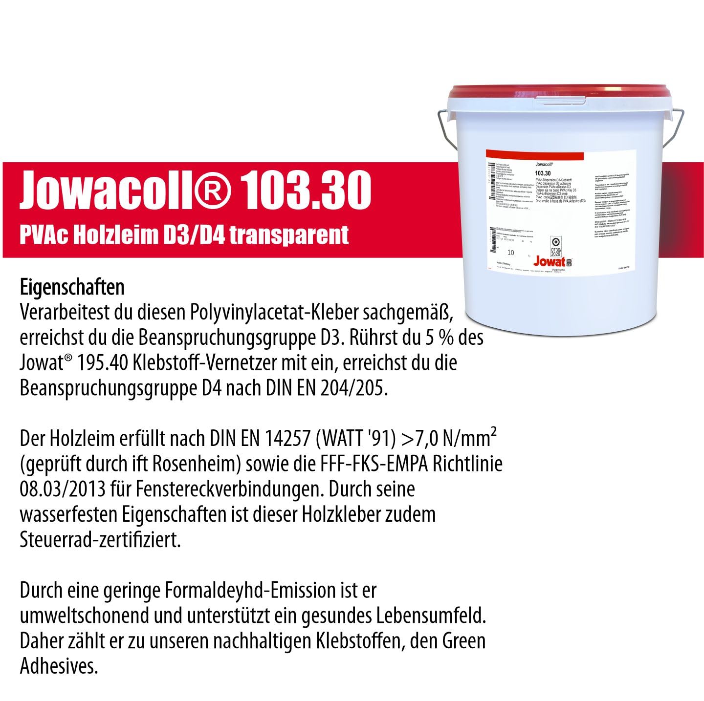 Jowat Jowacoll 103.30 10 kg Holzleim-Set inkl. Leimspachtel – Dispersionsleim D3 / D4 für Holz, Kanten, Furniere & Möbelbau – hohe Festigkeit