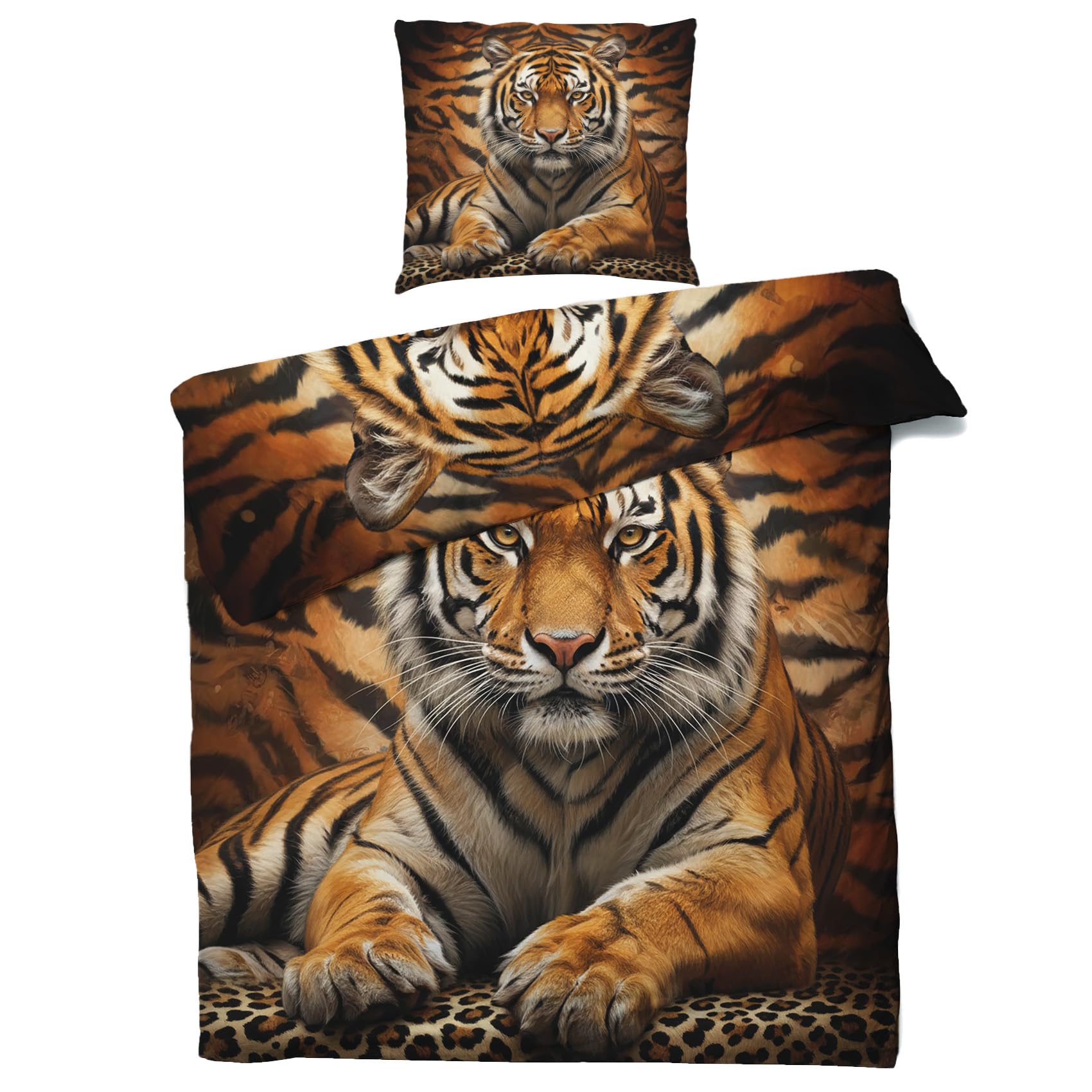 Mistela Bettwäsche 155x220 Tiger - Wildtier Tiger Bettbezug 155x220 3 teilig, Wendebettwäsche und 2 Kissenbezug, Weiche Mikrofaser Bettwäsche-Sets mit Reißverschluss, Jungen Teens Schlafzimmer Deko