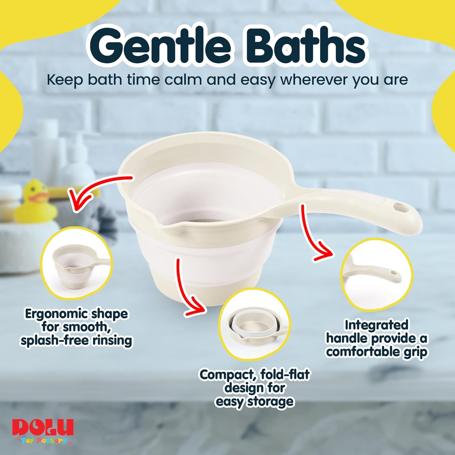 DOLU Foldable Bath Ladle for Compact Toddler Wash Tub, Portable and Space Saving Design Ideal for Ages 6 Months and Older, Relax Beige