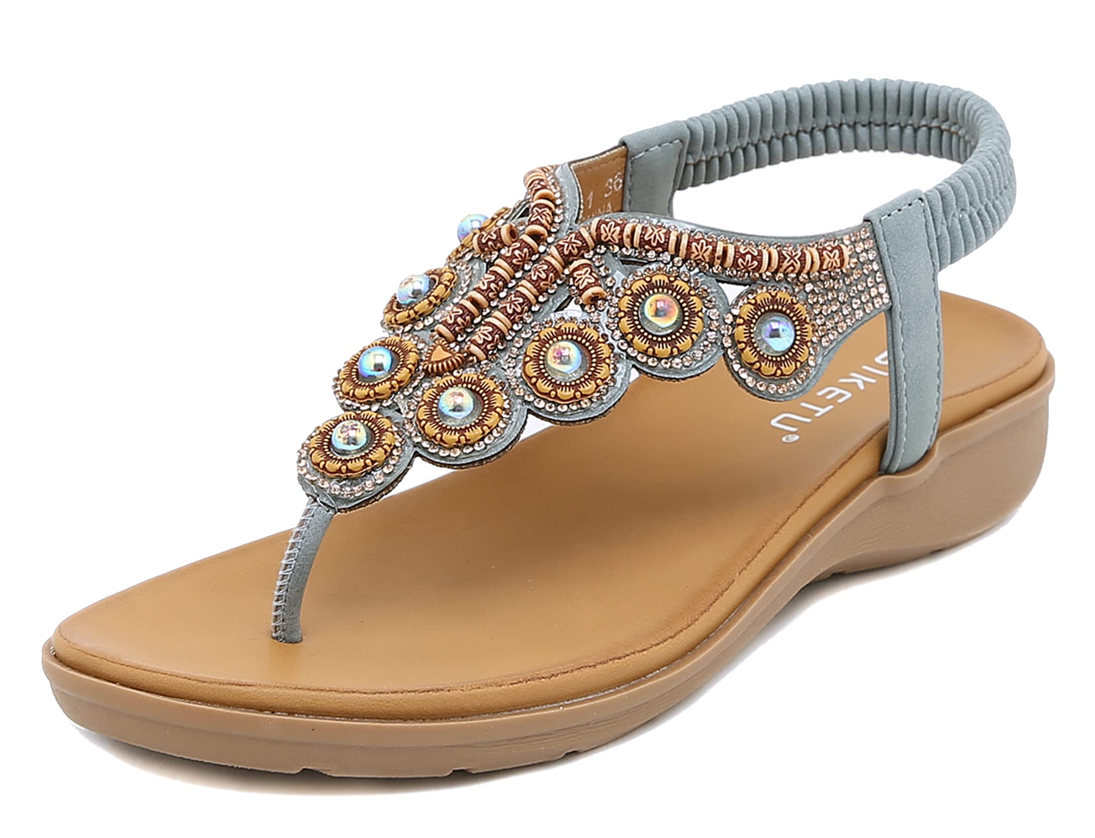 SMajong Sandali Bohemia Donna Estive Piatto Comode Infradito Strass Gioiello Moda Scarpe da Spiaggia con Elastiche Cinghia
