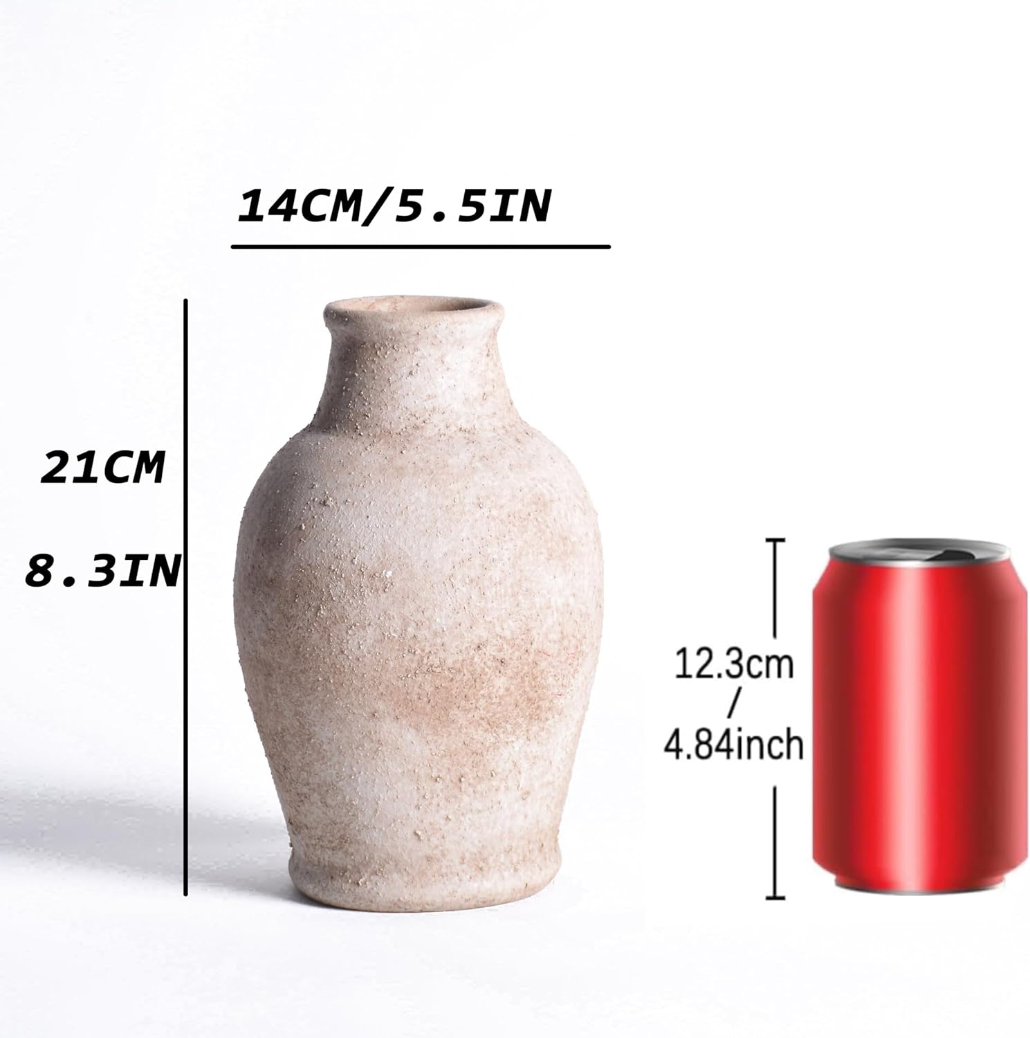 Handmade Rustic Ceramic Decorative vase, 8.3 x 5.5 inches, Off-White, Handcrafted in Vintage Style, Complements Rustic, Country, and Various Decor Themes.