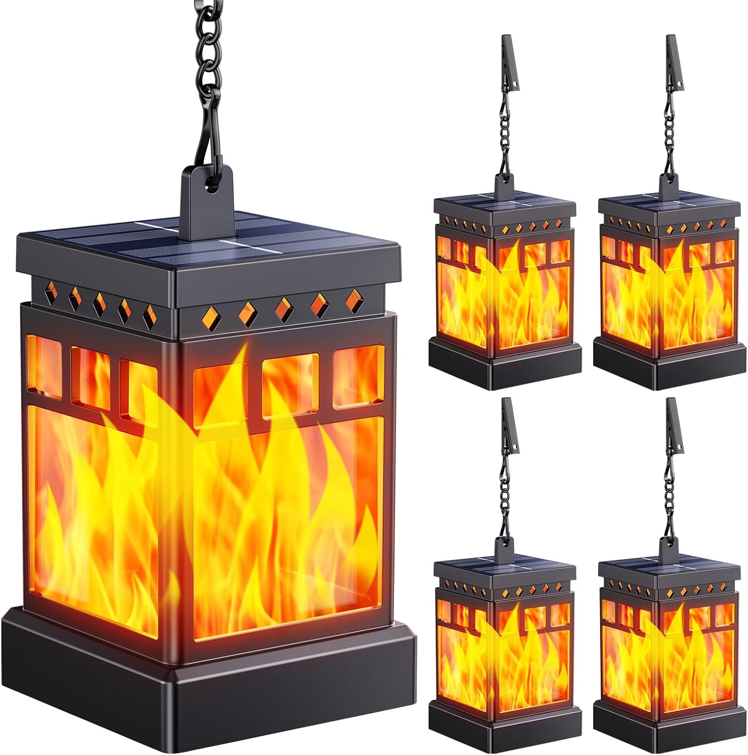 KOOPER Hanging Solar Lanterns Outdoor Waterproof, 4PCS Flickering Flame Hanging Solar Lights for Outside, Outdoor Solar Lanterns up to 12 Hours, Lanterns Decorative for Patio Porch Yard Garden Decor