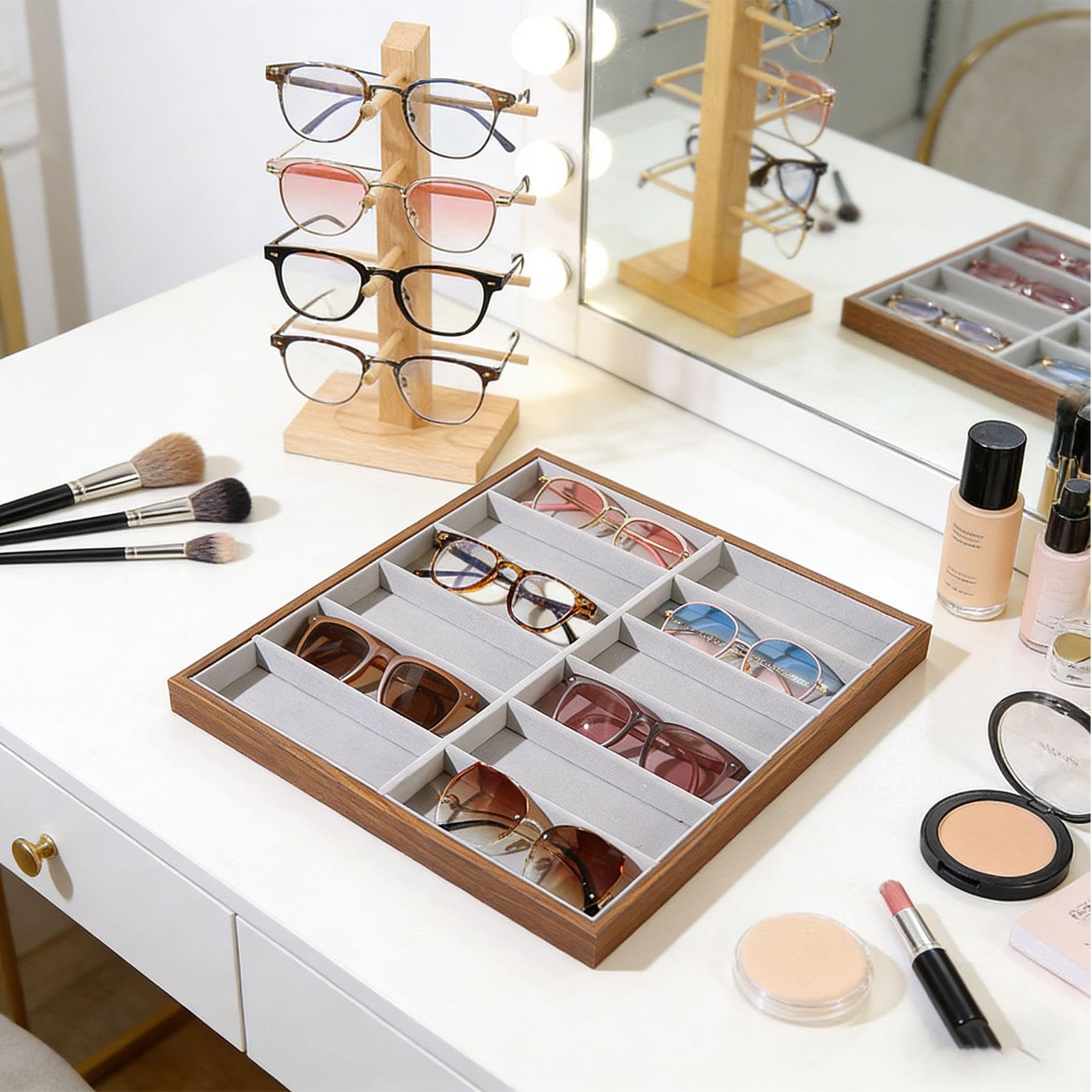perfk Bandeja expositora para gafas, organizador de gafas multiusos para hombres y mujeres, soporte para gafas y organizador de joyas para mesa del, 12 Cuadrículas de 36x40x3 Cm
