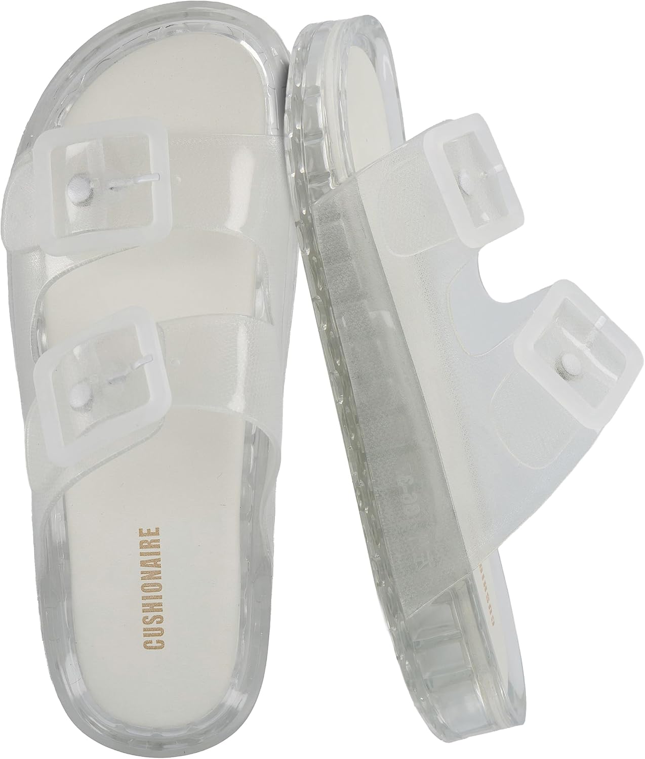 CUSHIONAIRE Pool Slides for Women Waterproof Double Buckle Adjustable Slip-On Womens Sandals for Beach Shower Casual Wear, Clear 7