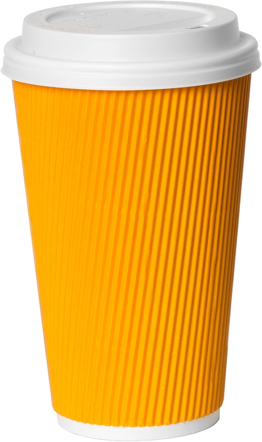 16 oz Paper Coffee Cups with Lids - 50 Disposable Yellow Ripple Cups