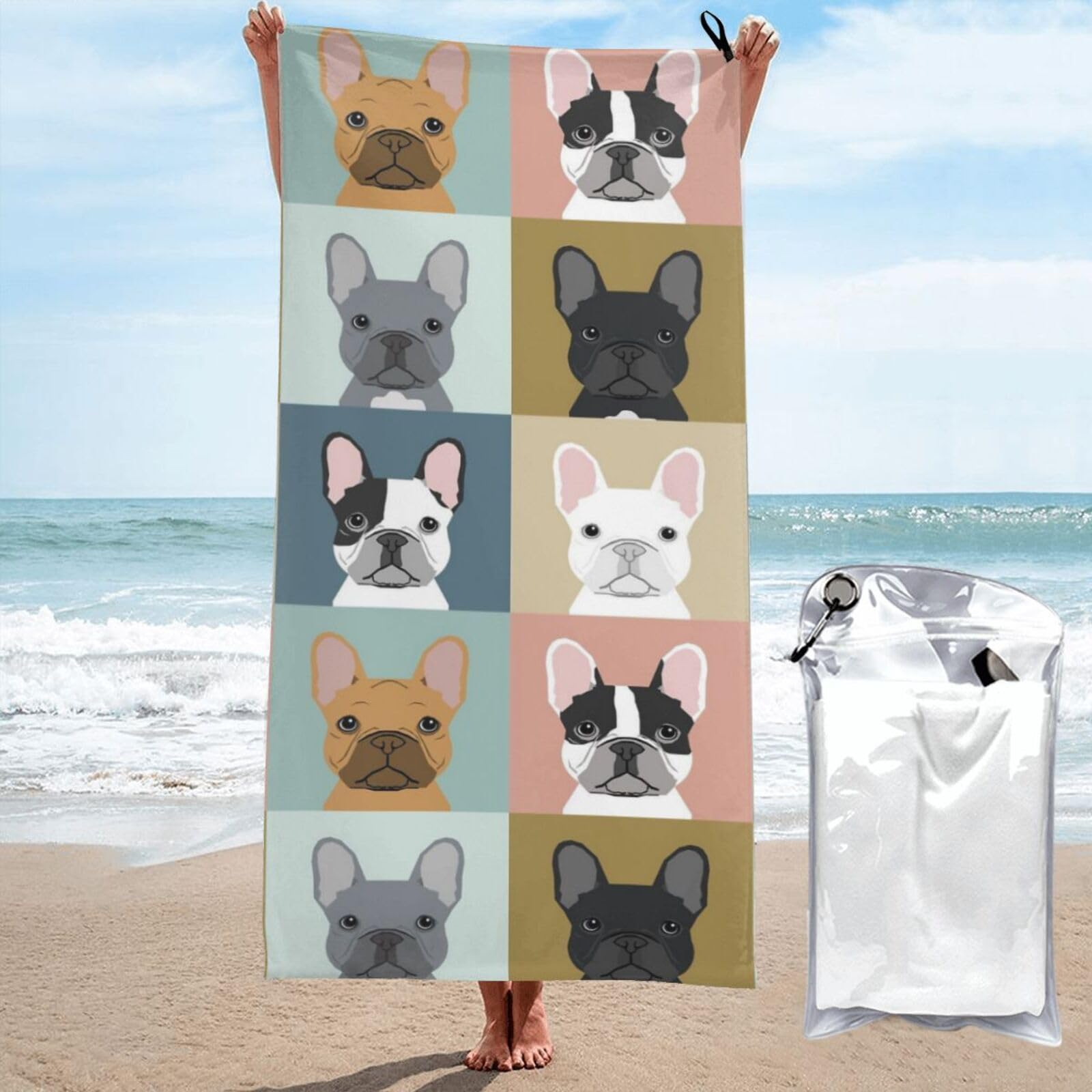 microfiber beach towels for adults, French Bulldog Beach Towel, Quick Dry, Sand Free, Absorbent Towel for Travel sports Gym, Lightweight Compact Towels for Outdoor Activities, with Carabiner 160x80cm