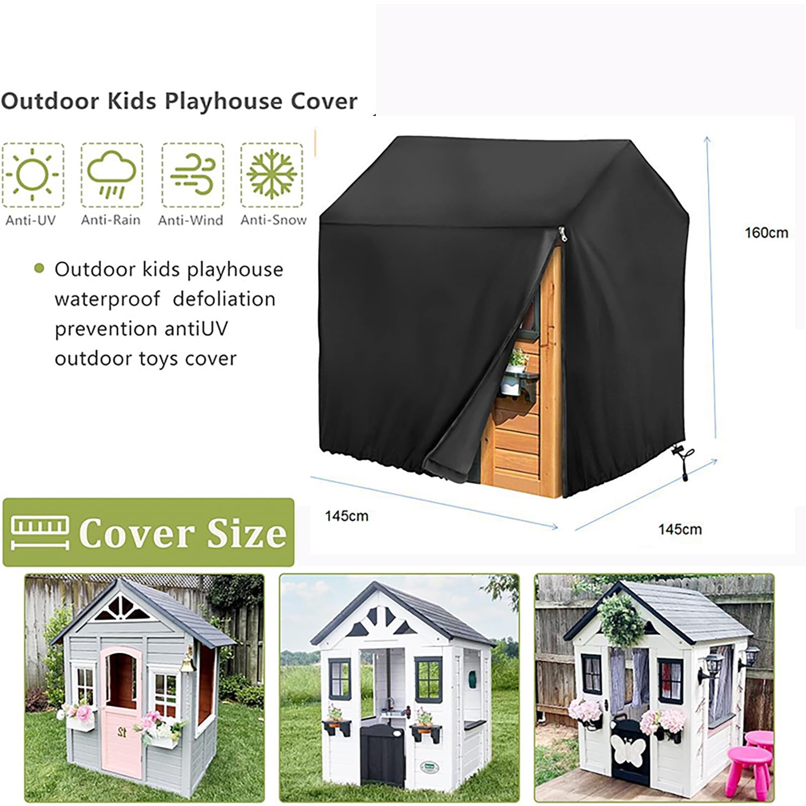 NEWFUN Fundas para Casa de Madera Para Niños, Fundas para Casitas Infantiles, Tejido Oxford 420D, Impermeable, Protección UV, Con Cordón y Cremallera (145*145*160cm, Negro)