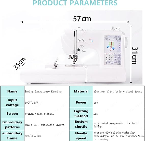 Computerized Embroidery Sewing Machine with 7'' LCD Screen, 114 Patterns, USB Port, 4''x9.2'' Embroidery Area for Home Sewing, Quilting and DIY Projects